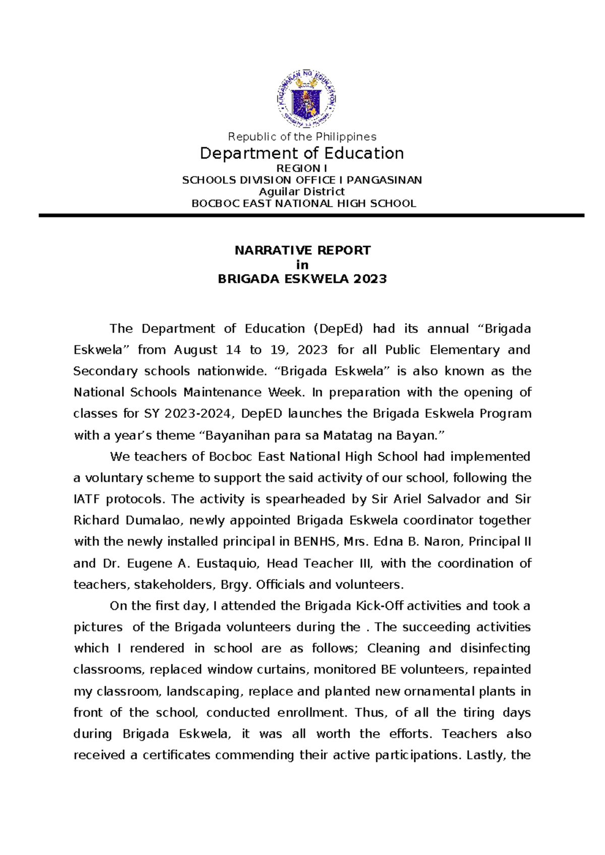 Narrative-Report - Narrative report - Republic of the Philippines ...