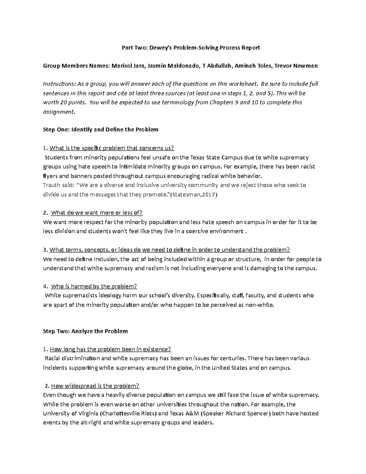 Group Project Outline Part Two Dewey s Problem Solving Process 