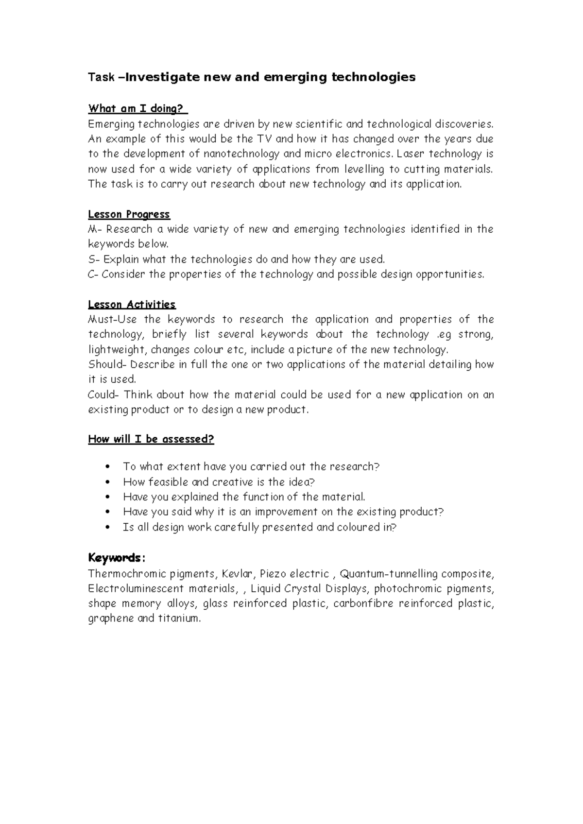Task New and emerging technologies - Task –Investigate new and emerging ...