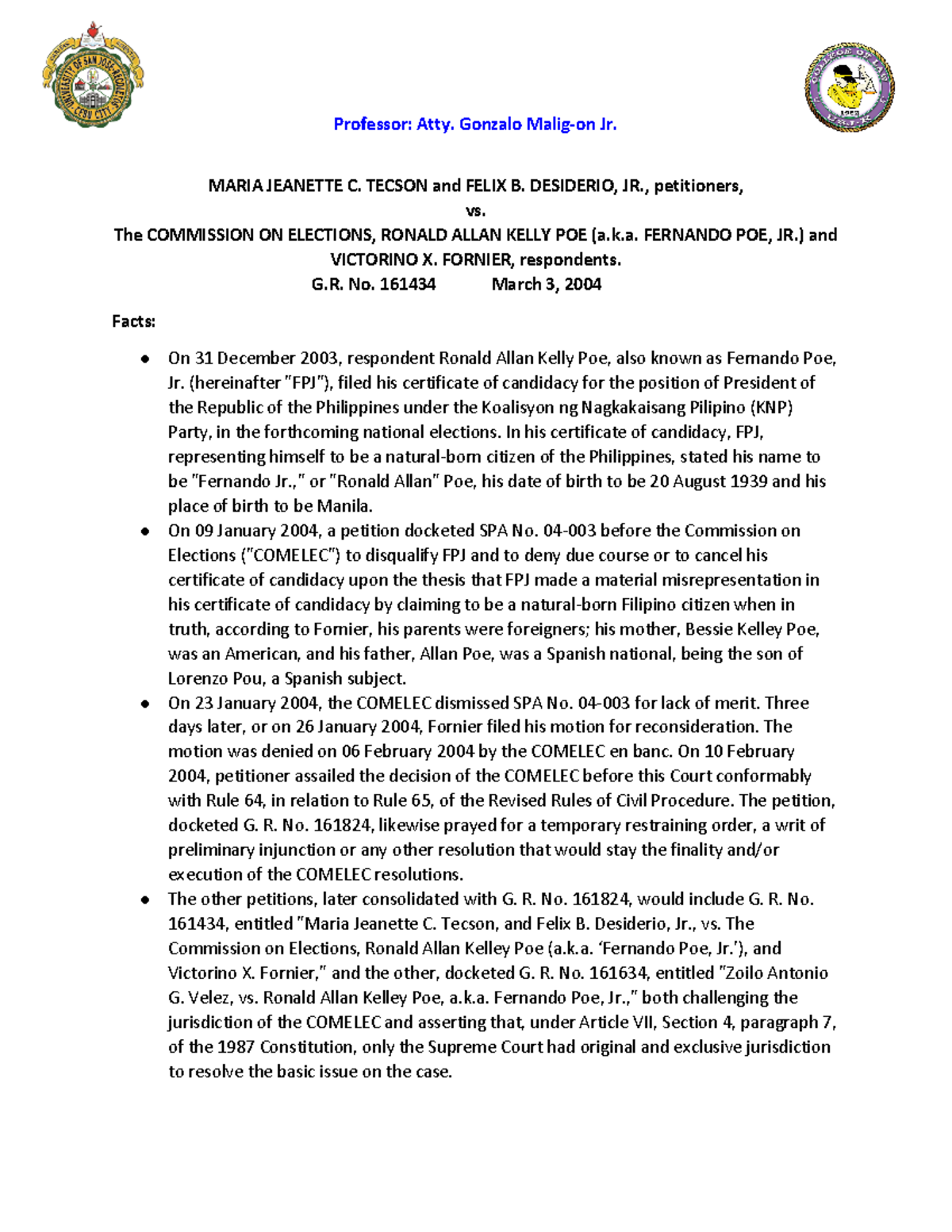 5. Tecson Vs. Comelec GR. No. 161434 - Professor: Atty. Gonzalo Malig ...