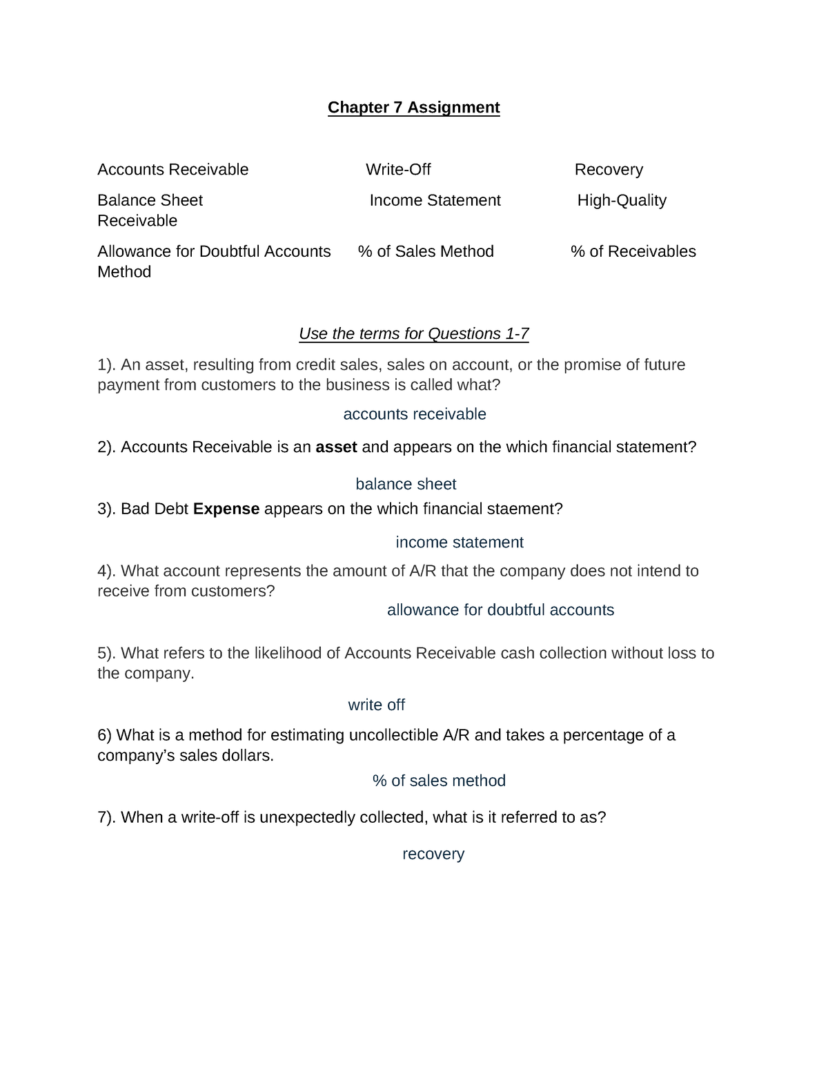 Chapter 7 Assignment - Chapter 7 Assignment Accounts Receivable Write ...