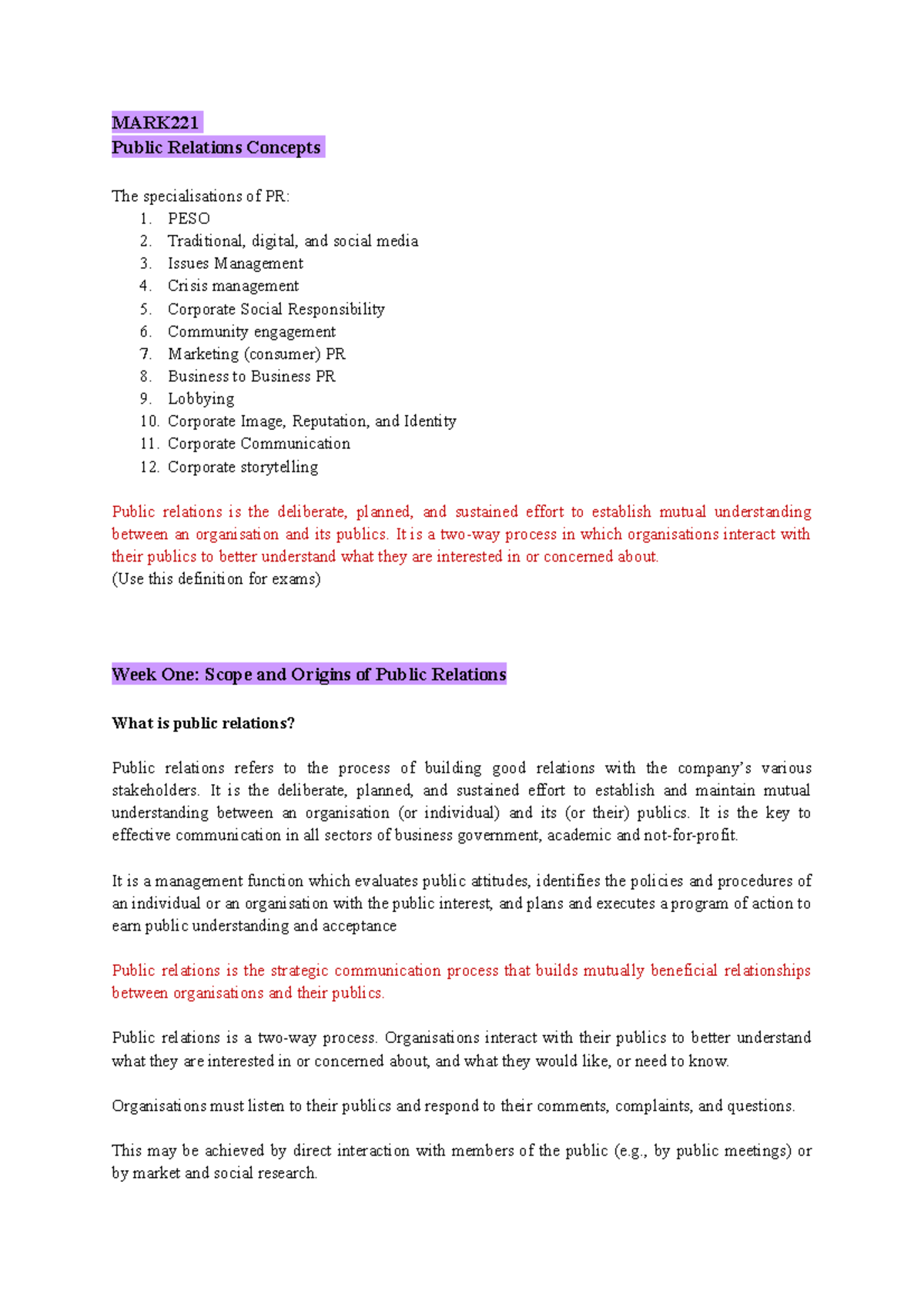 Final Exam Notes - Overview of course content for exam - MARK Public ...