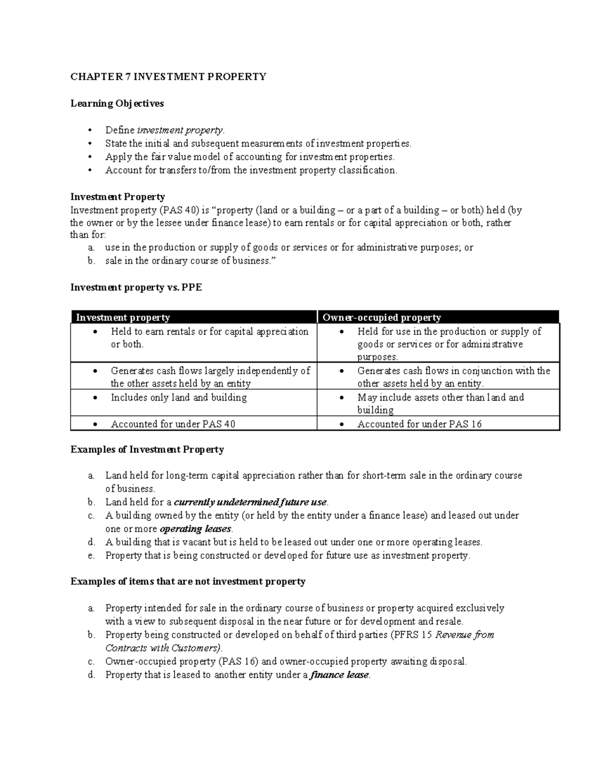 Summary Investment Prop Chapter 7 Investment Property Learning Objectives Define Investment 0091