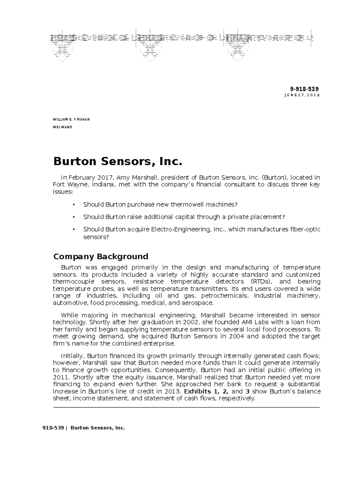 Burton Sensors Inc case 9 918 J U N E 2 7 2 0 1 8 WILLIAM E