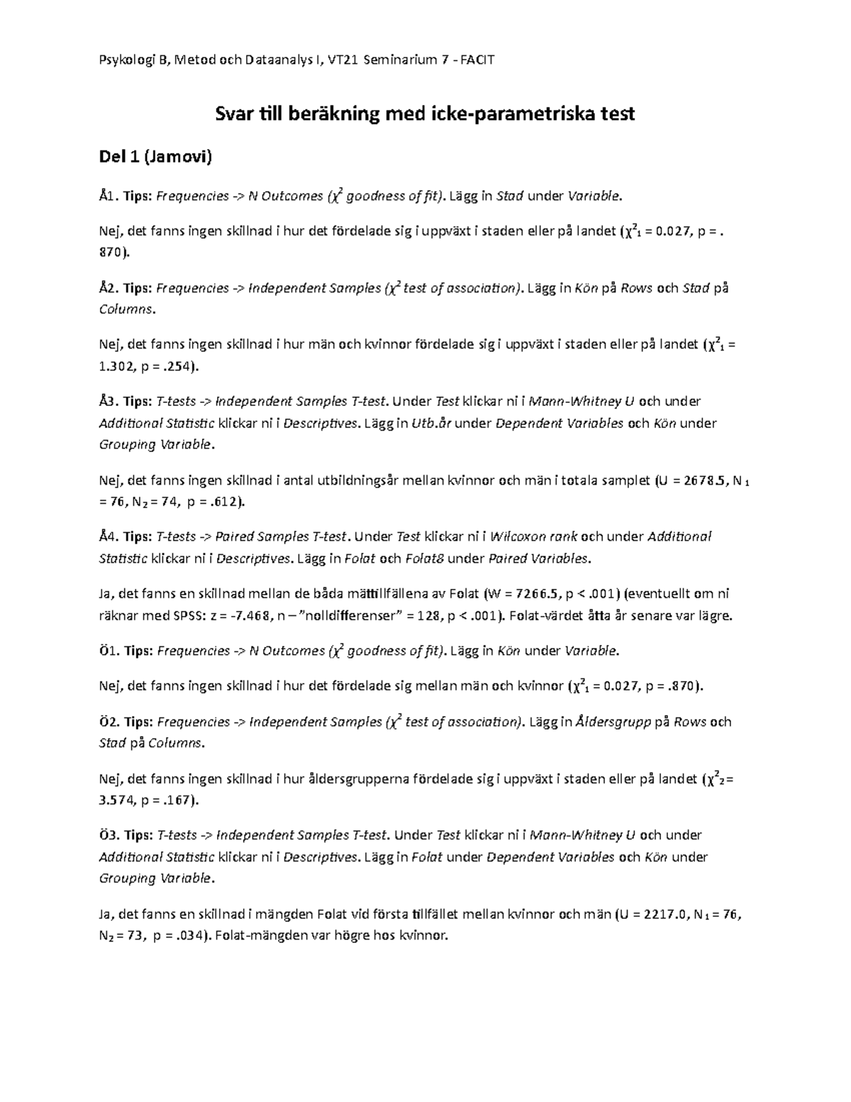 Seminarium Icke-parametriska Test Facit - Psykologi B, Metod Och ...