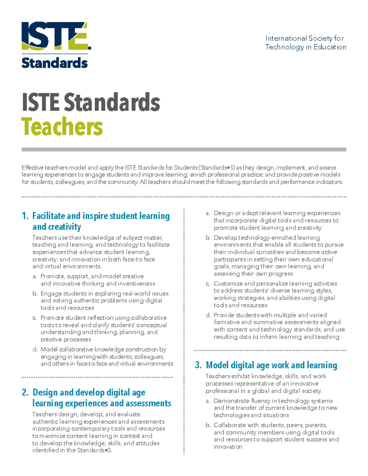 Technology Standards for Teachers ISTE - 1. Facilitate and inspire ...