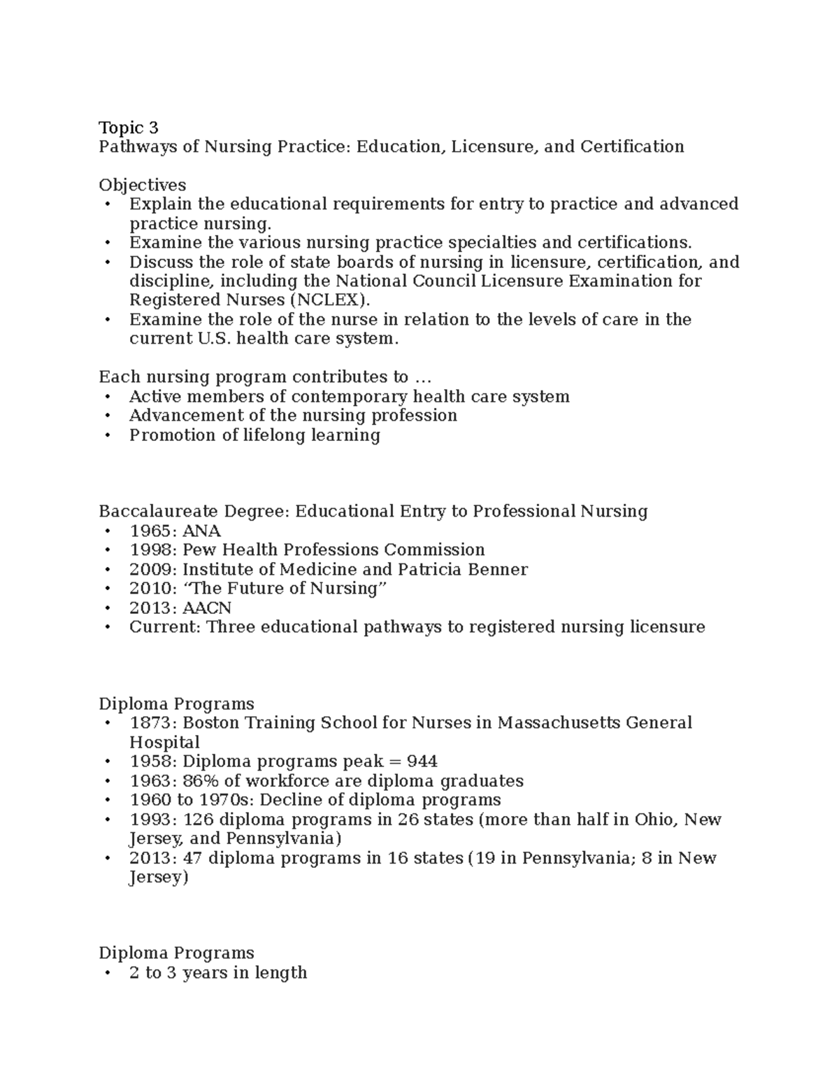 T3 NSG 310 - Topic 2 Lecture notes - Topic 3 Pathways of Nursing ...