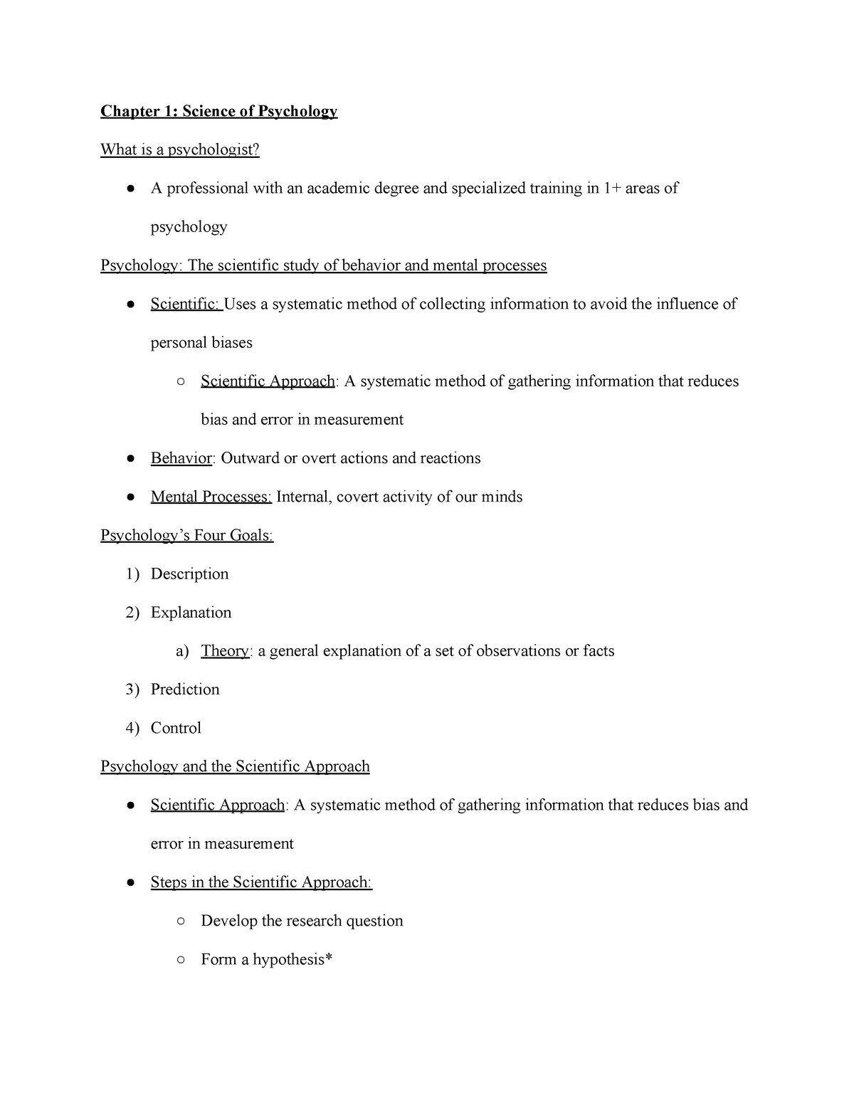 Psychology Notes Exam 1 - Chapter 1: Science Of Psychology What Is A ...