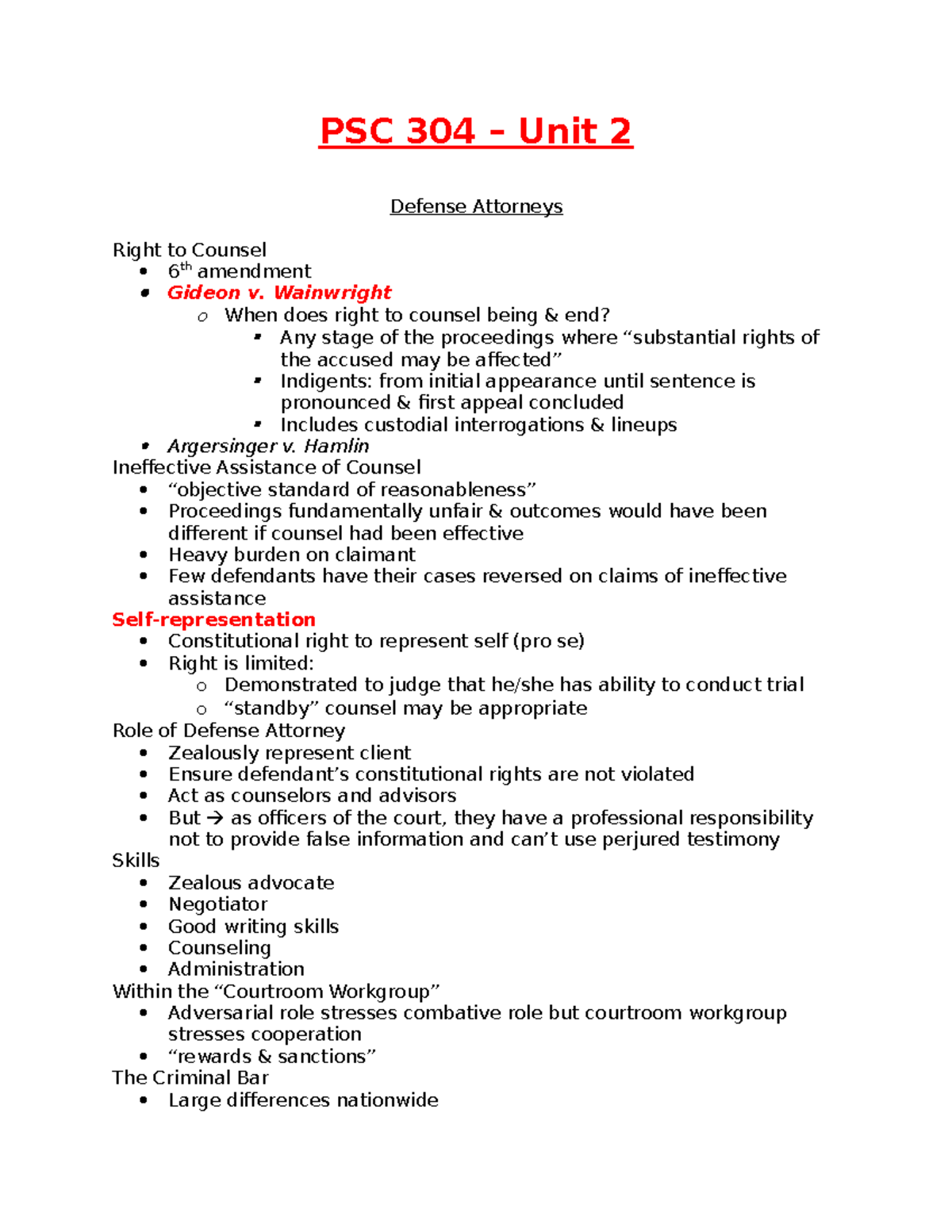 PSC 304 unit 2 notes - PSC 304 – Unit 2 Defense Attorneys Right to ...