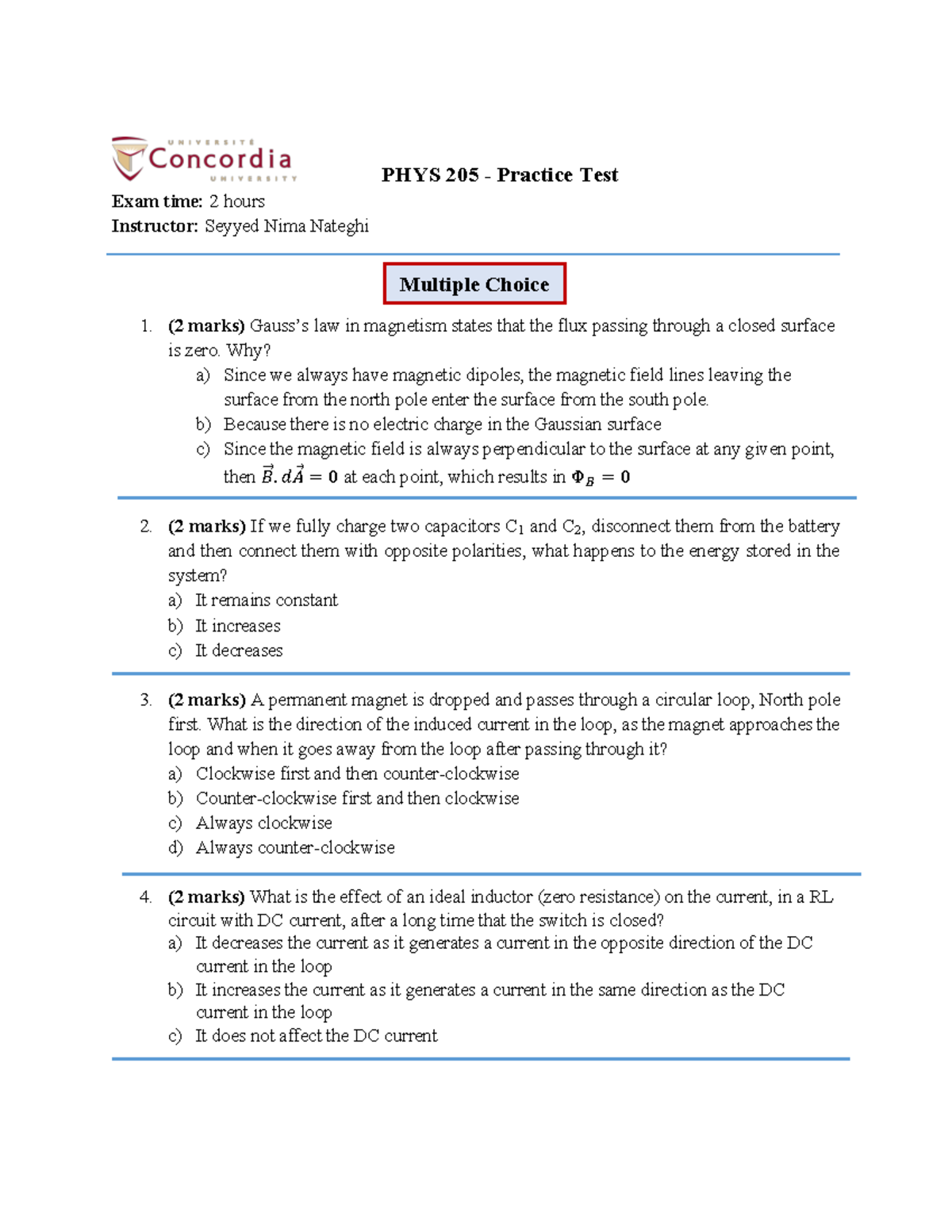 PHYS 205 Sample Final Exam 2020 - PHYS 205 - Practice Test Exam Time: 2 ...