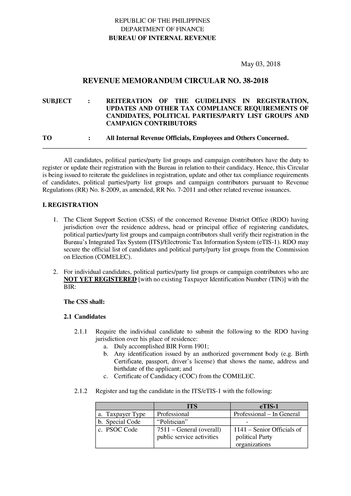 RMC No 38-2018 - RMC No 38 2018 - May 03, 201 8 REVENUE MEMORANDUM ...