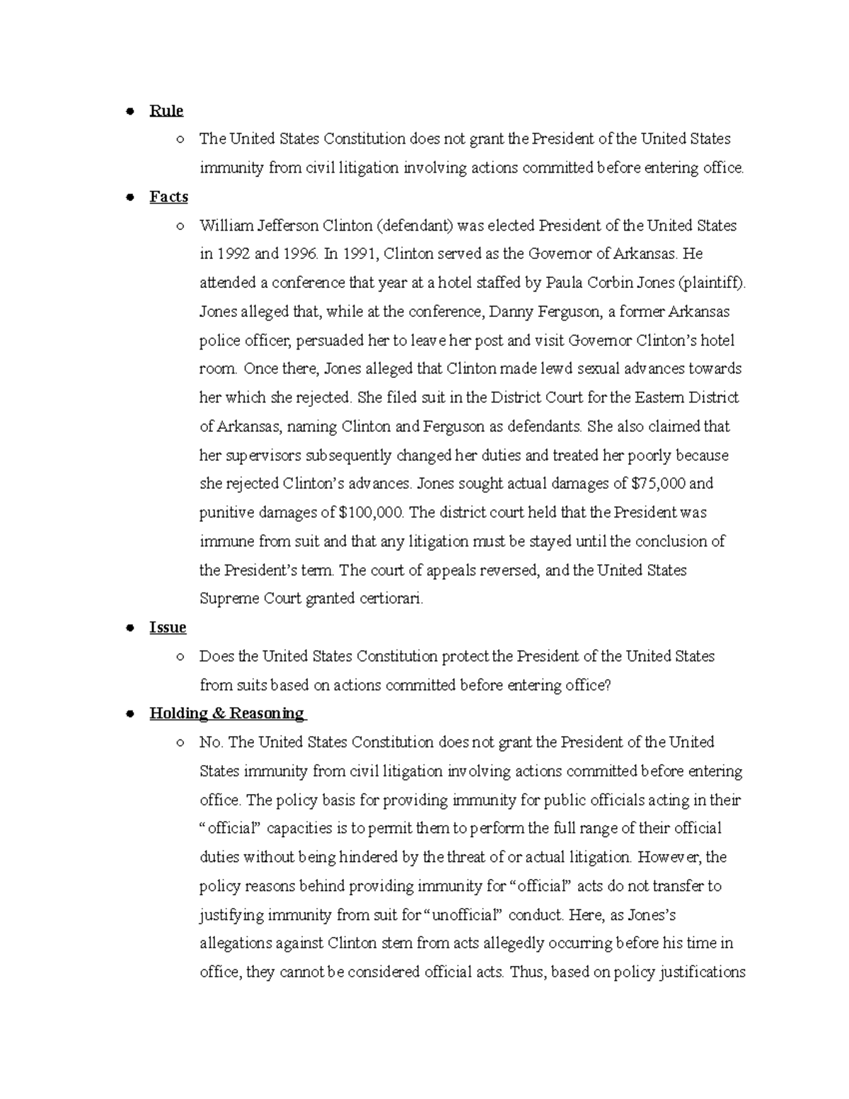 Con Law 2021 Clinton v. Jones Rule The United States Constitution