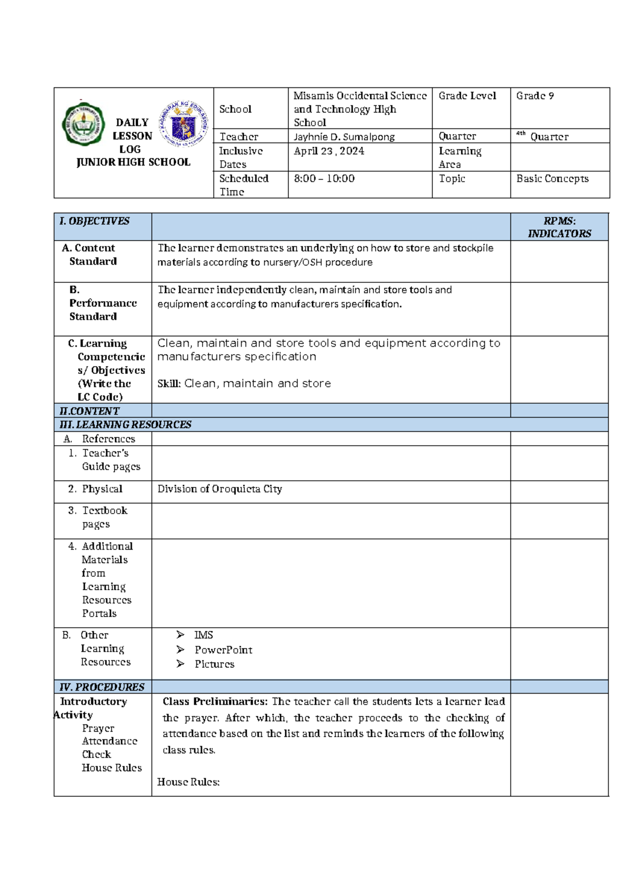LP Clean maintain and store tools DAILY LESSON LOG JUNIOR HIGH SCHOOL