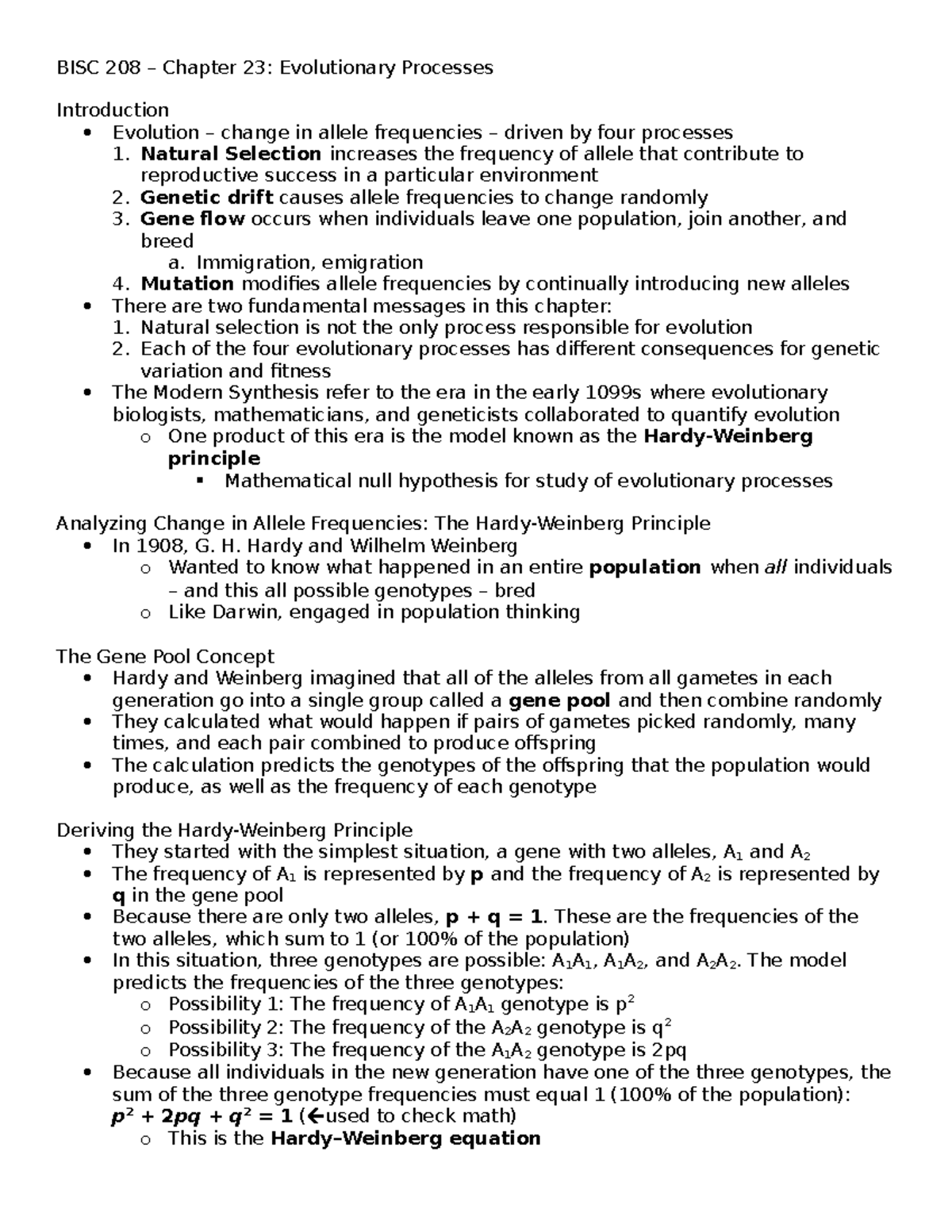 Ch. 23 Notes - Evolutionary processes - BISC 208 – Chapter 23 ...