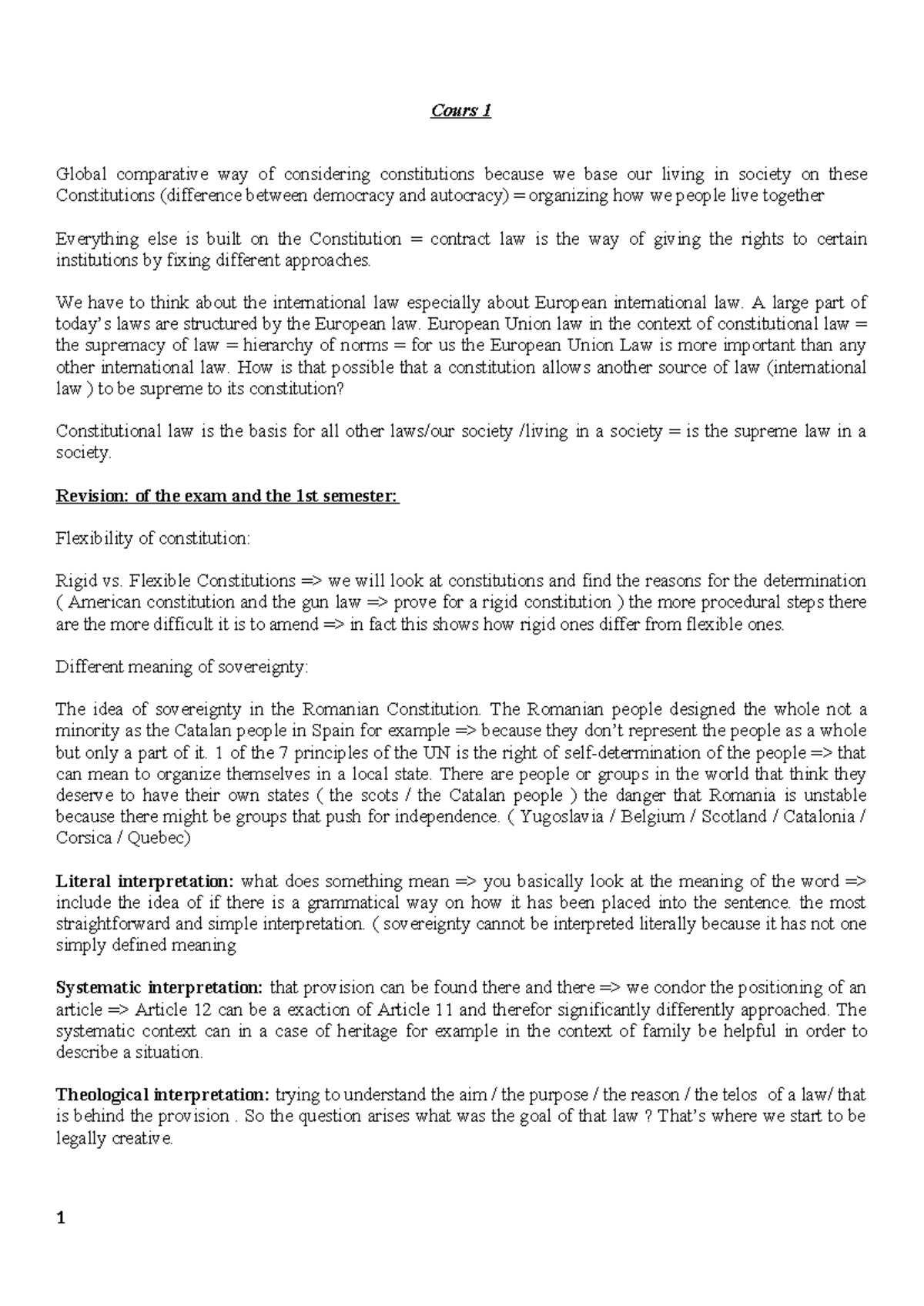 Constitutional Law - ..... - Cours 1 Global comparative way of ...