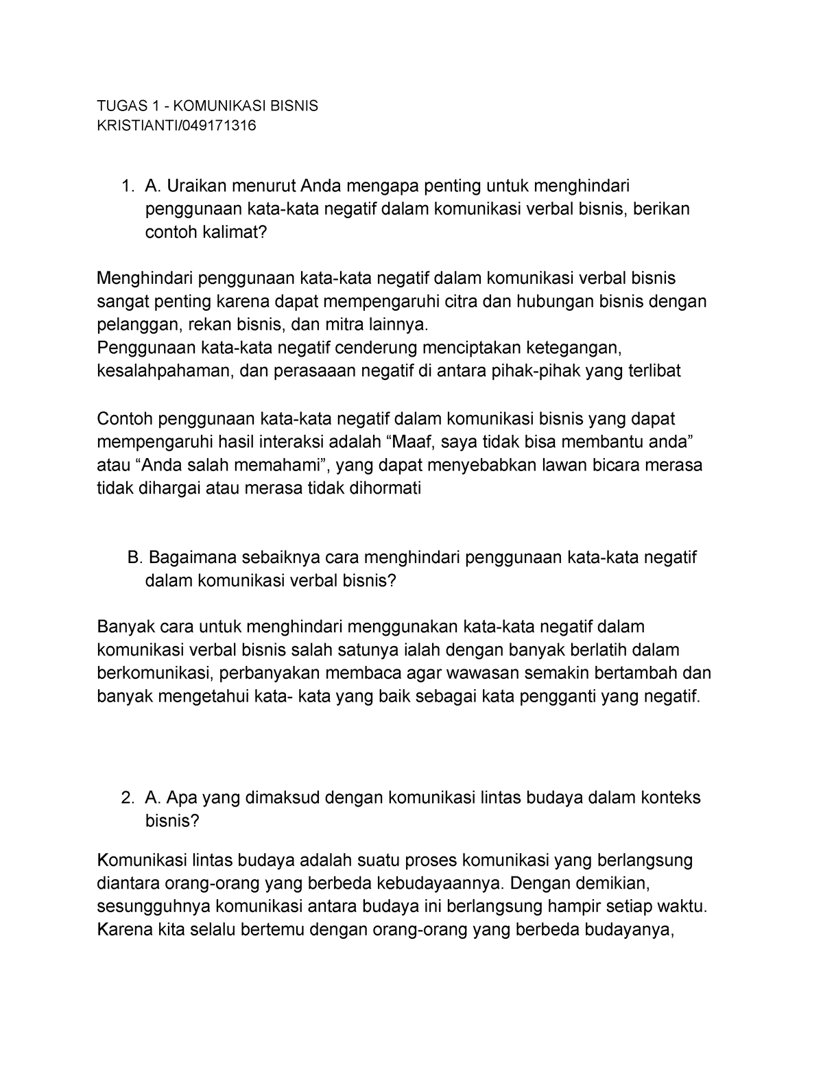 Tugas 1 - Komunikasi Bisnis - TUGAS 1 - KOMUNIKASI BISNIS KRISTIANTI/ 1 ...