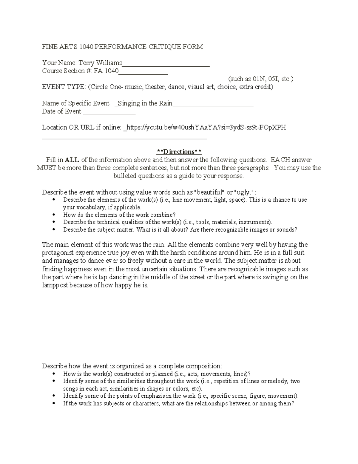 PC Dance-1 - Its for a performance critique - FINE ARTS 1040 ...