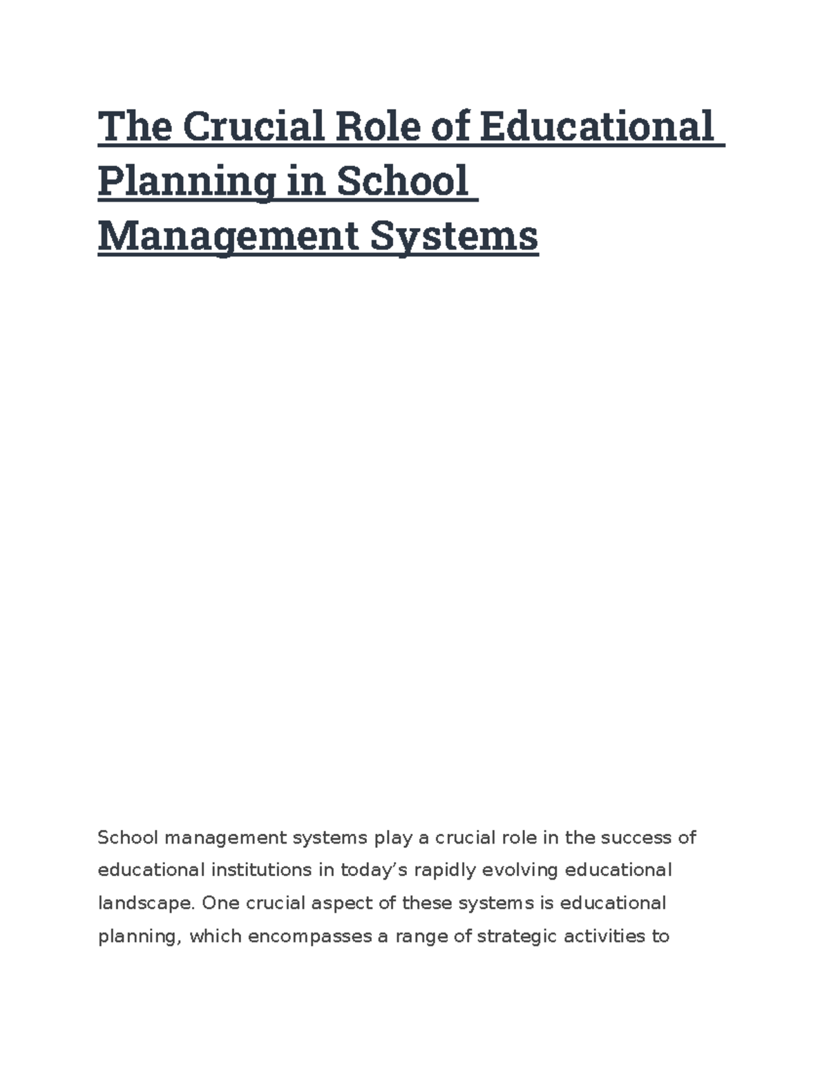 Role Of Educational Planning In School Management