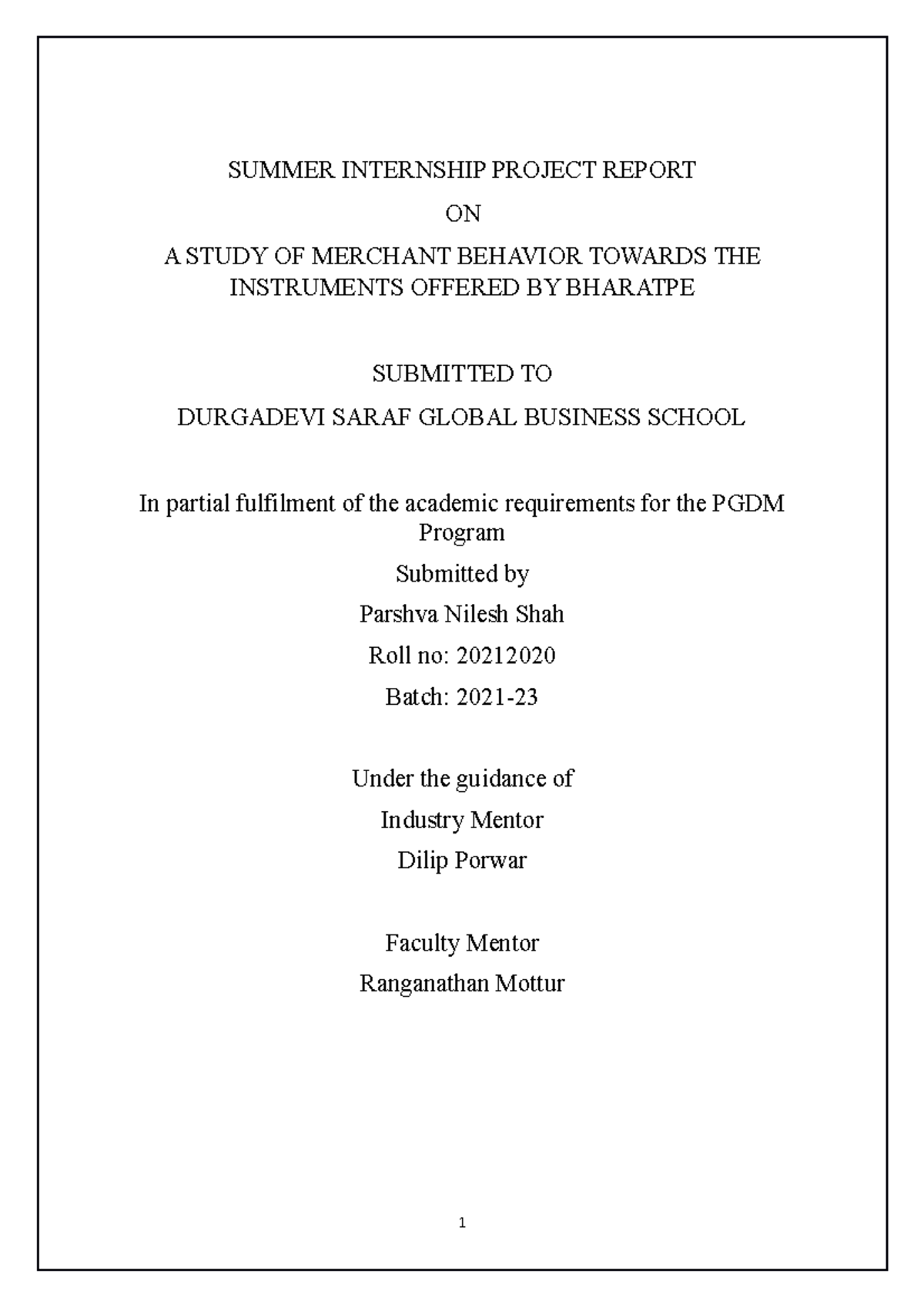 Capstone SUMMER INTERNSHIP PROJECT REPORT ON A STUDY OF MERCHANT