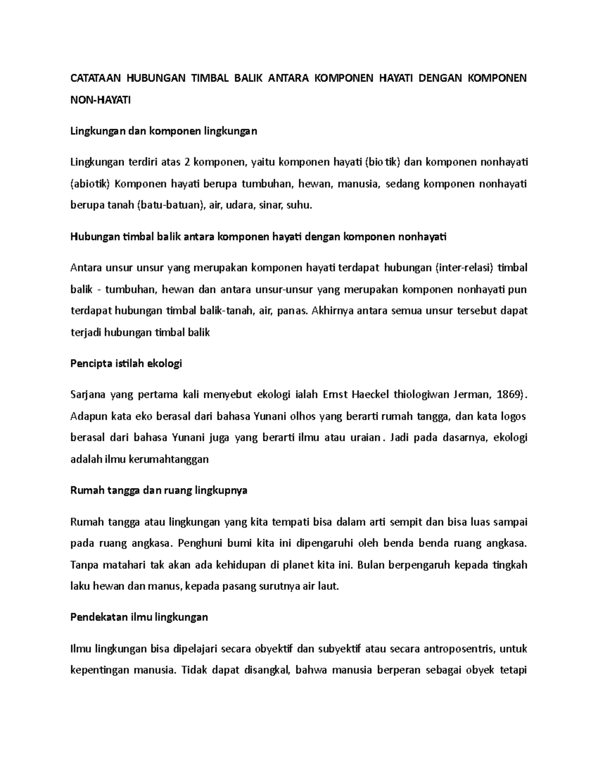 Catataan Hubungan Timbal Balik Antara Komponen Hayati Dengan Komponen