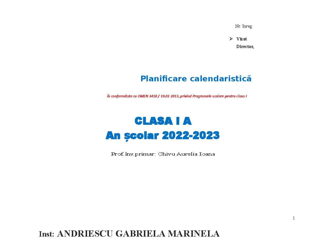 Planificare Calendaristica Clasa I Editura EDU 2022-2023 - Nr. înreg În ...