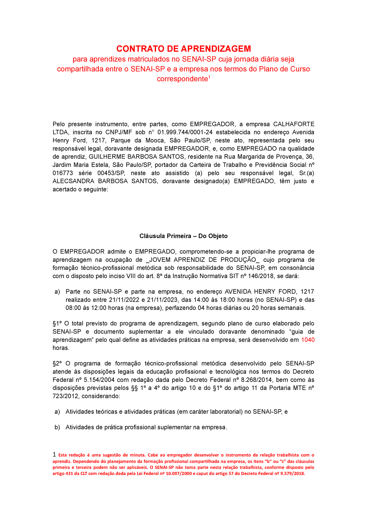 Modelo de contrato de aprendizagem com sugestões Direito Empresarial Studocu