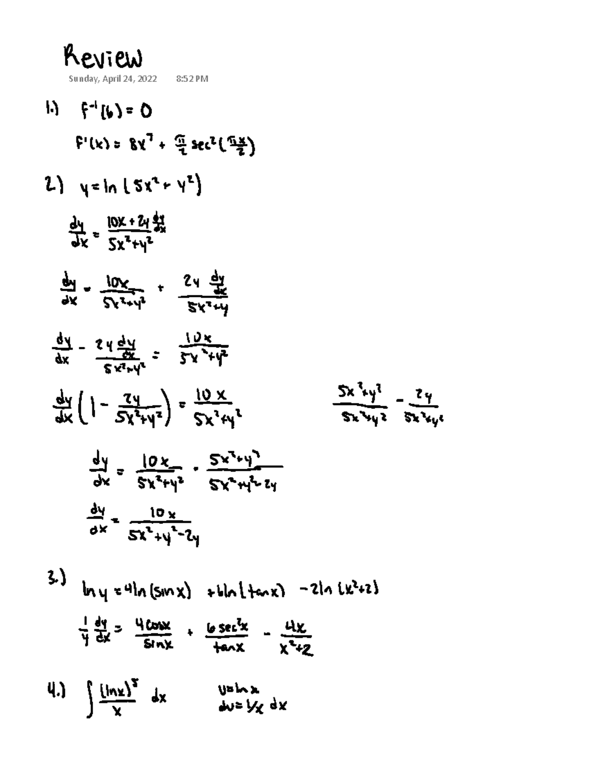 Final Exam Review Extra - MTH 162 - Sunday, April 24, 2022 8:52 PM ...