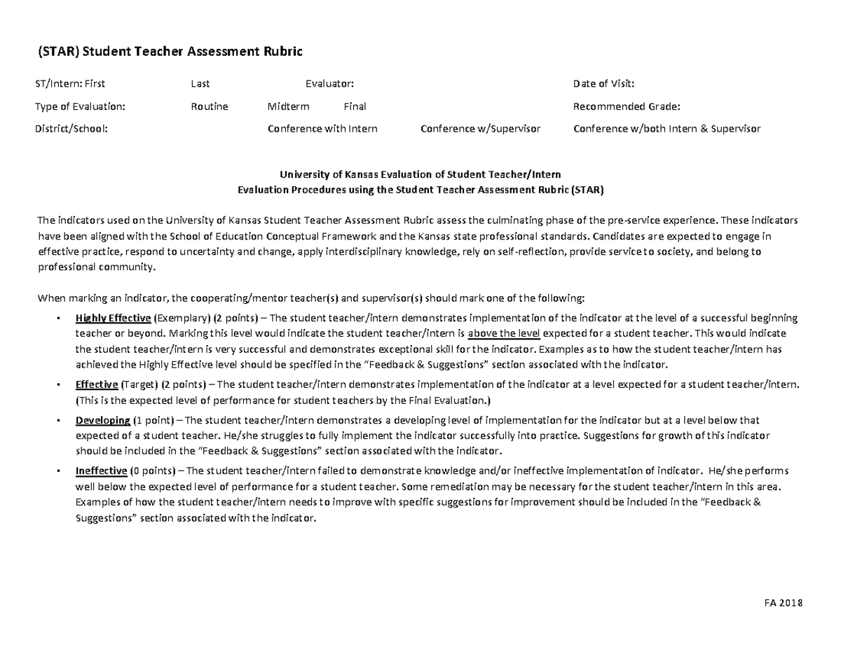 STAR-FA-18 - Education - ST/Intern: First Last Evaluator: Date of Visit ...