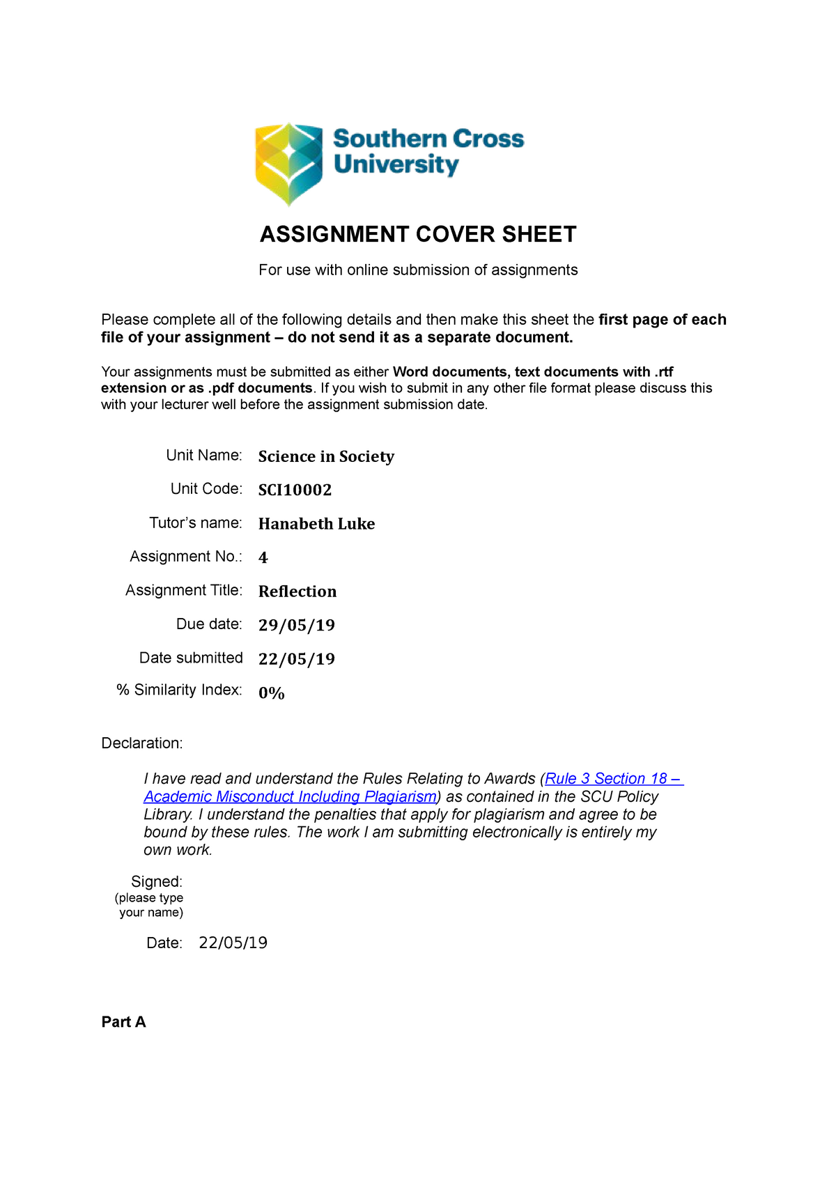 scu assignment cover sheet