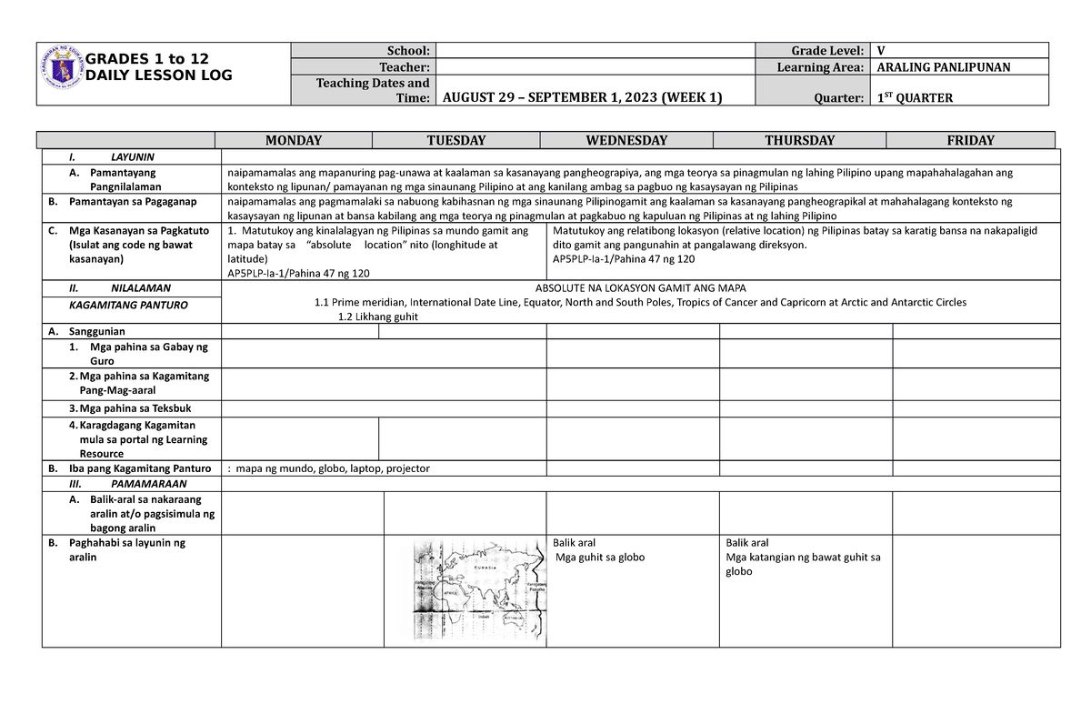 DLL Araling Panlipunan 5 Q1 W1 - GRADES 1 To 12 DAILY LESSON LOG School ...