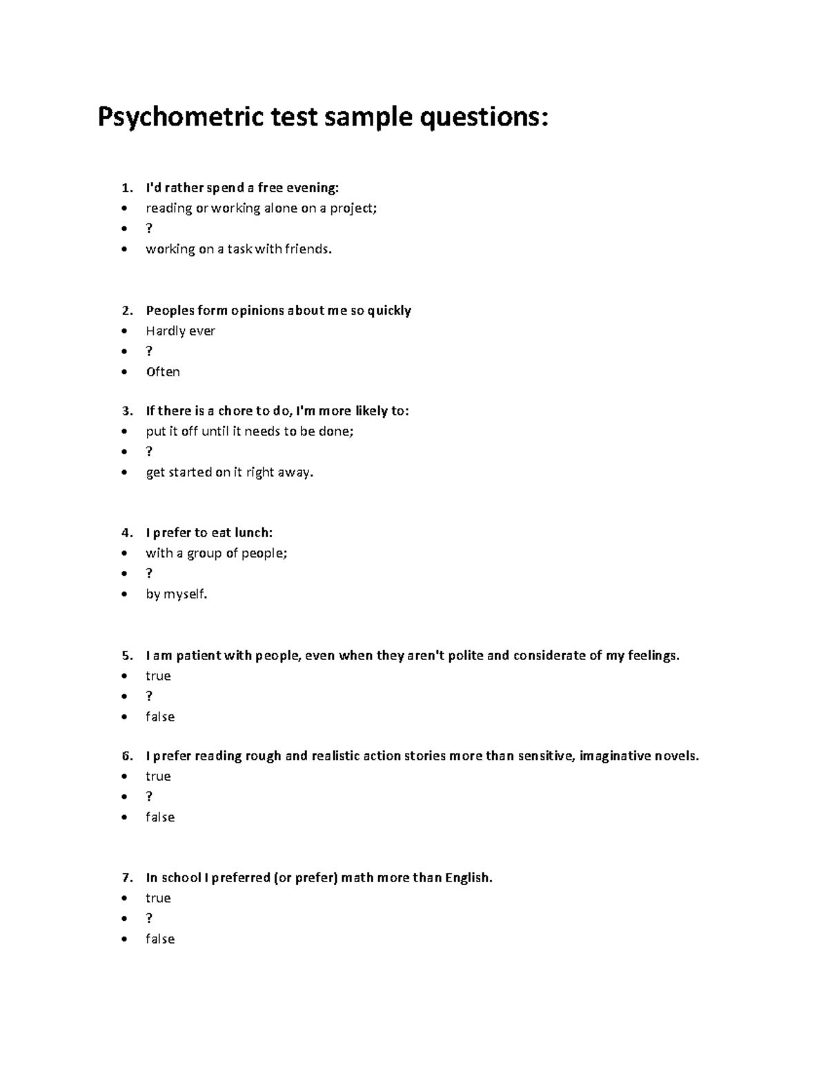 Psychometric test sample questions - I'd rather spend a free evening ...