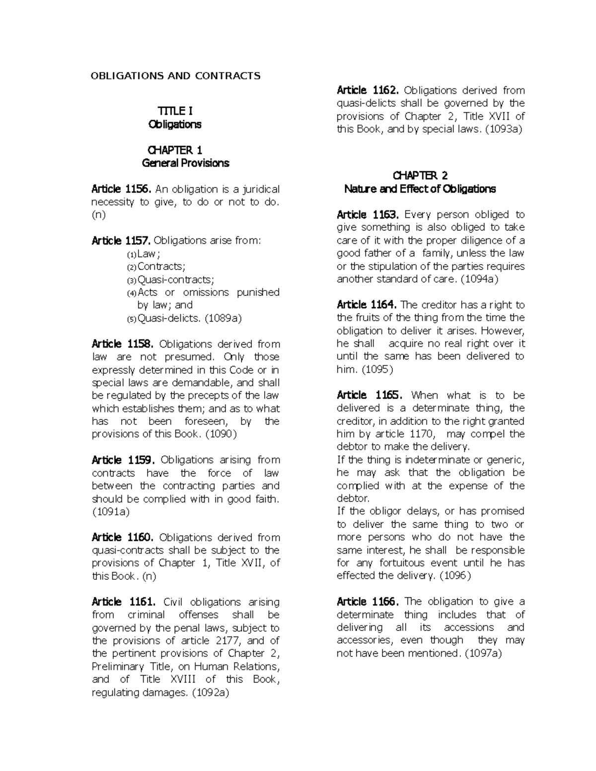 Obli Con Civil Code Provisions - OBLIGATIONS AND CONTRACTS TITLE I ...