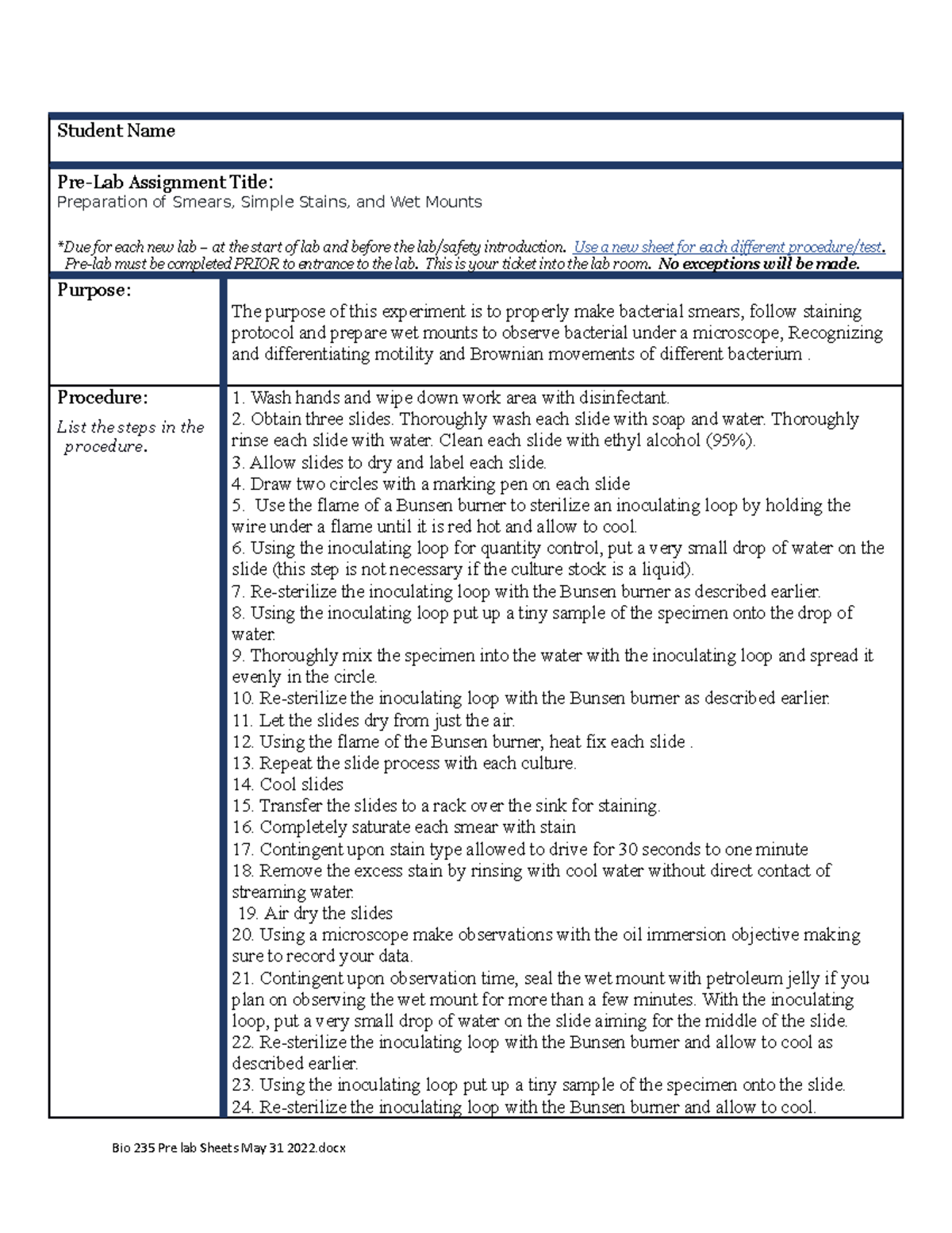 Preparation of Smears, Simple Stains, and Wet Mounts Student Name Pre