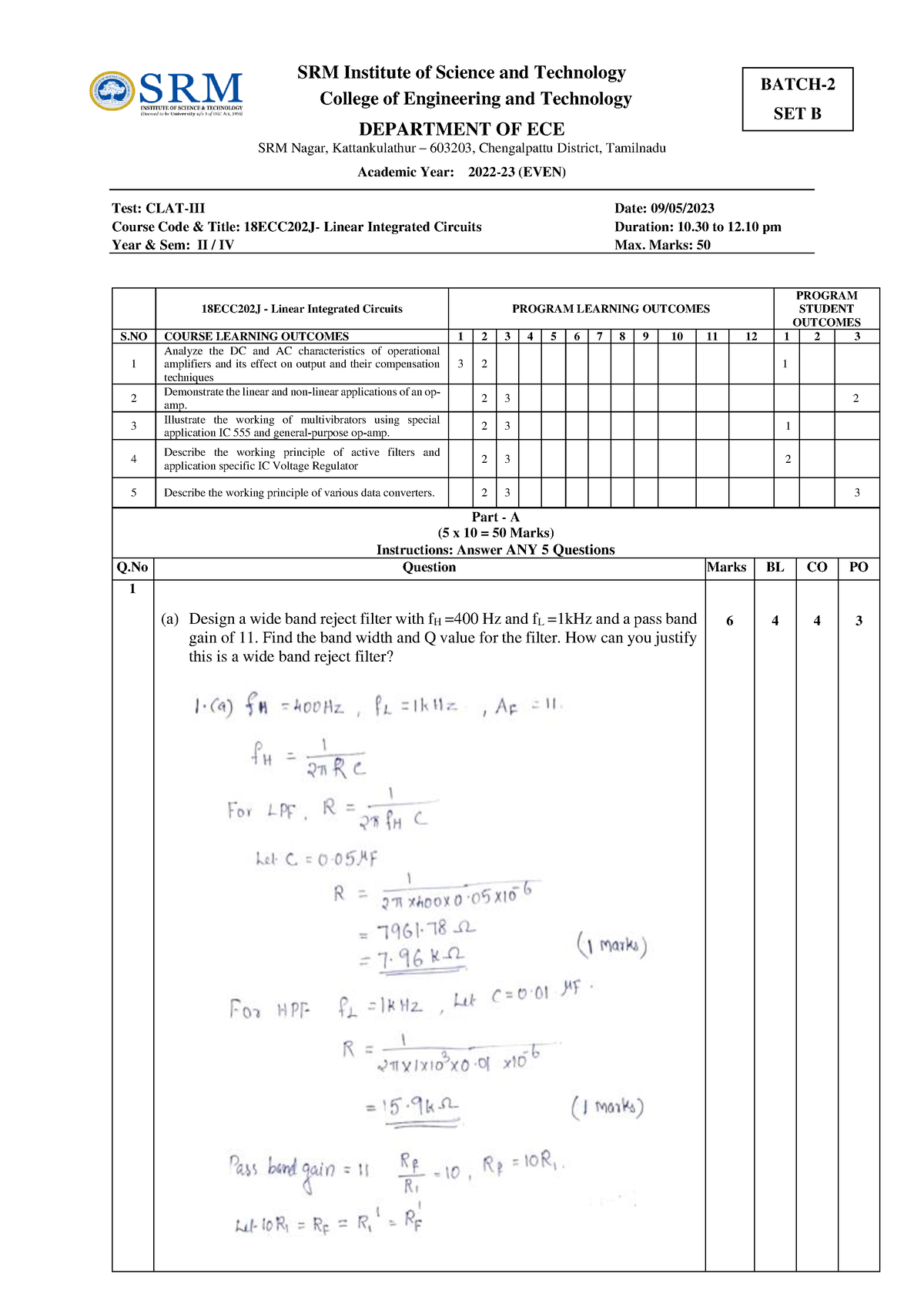 18ECC202J-LIC Set B-CT 3 - Key - SRM Institute Of Science And ...