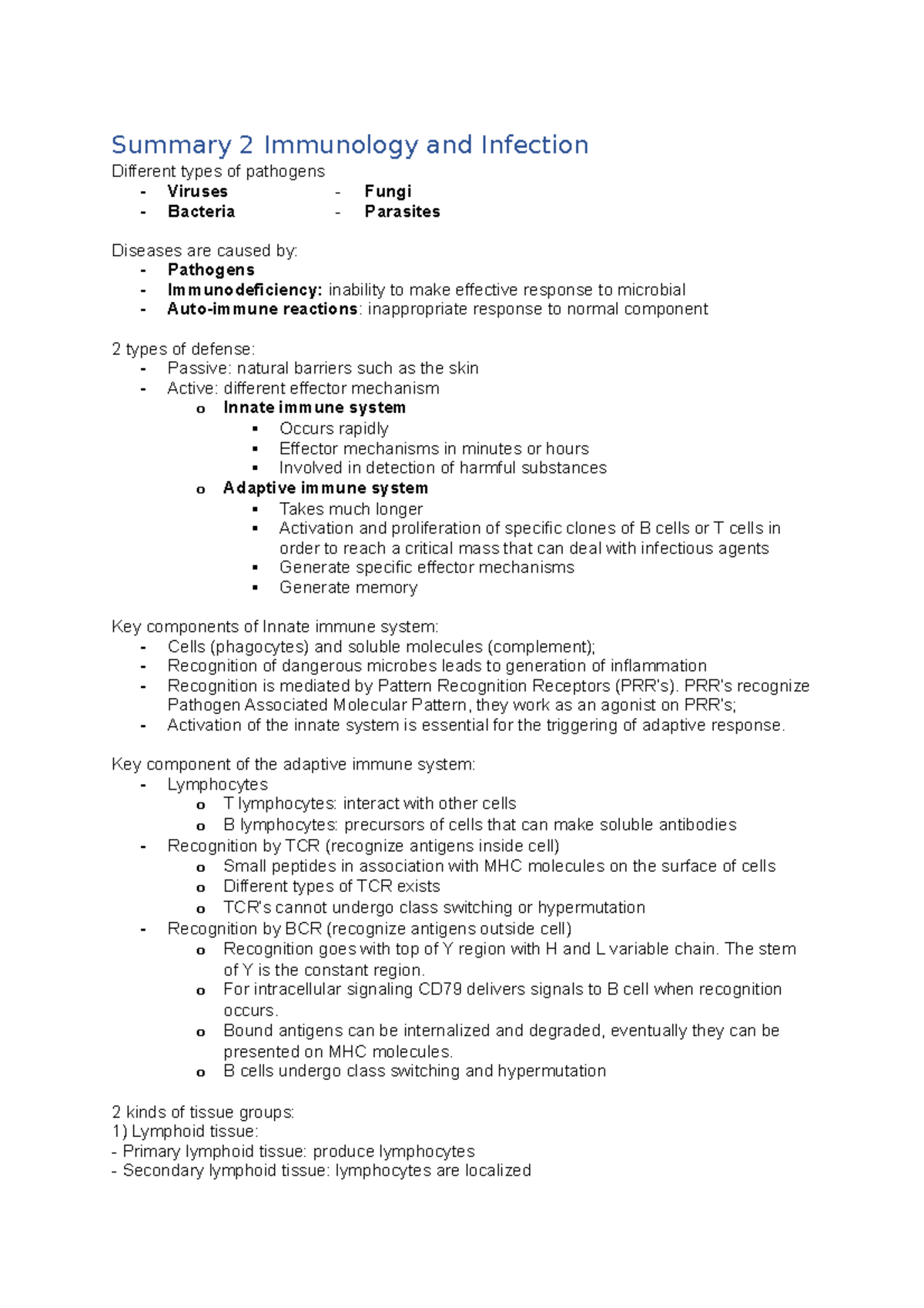 Summary Immunology and Infection - Summary 2 Immunology and Infection ...