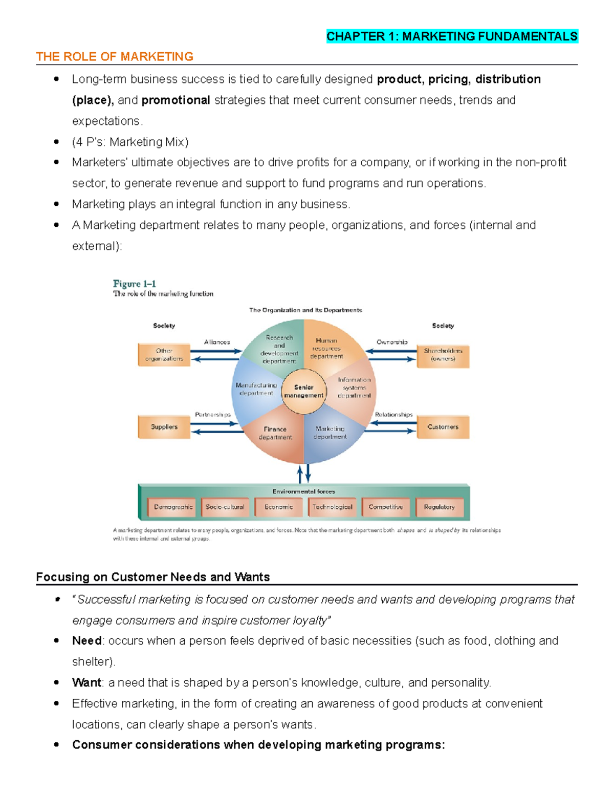 Summary Chapter 01 - CHAPTER 1: MARKETING FUNDAMENTALS THE ROLE OF ...