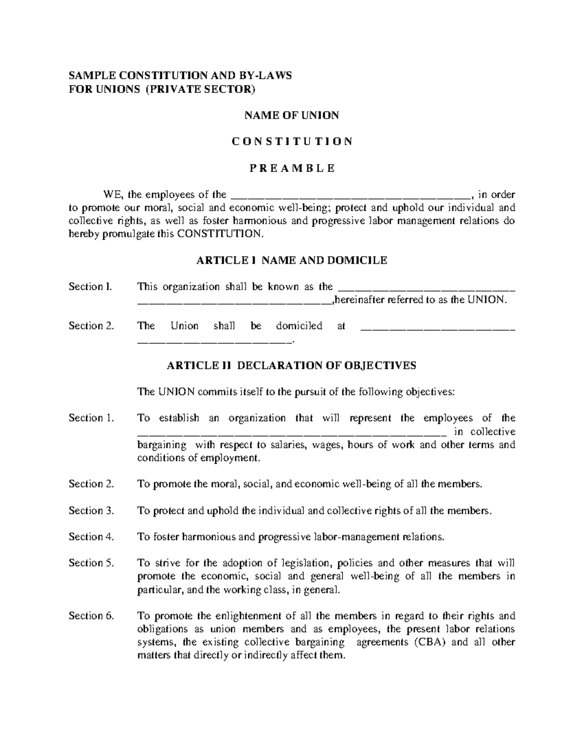 Applicationformcblprivate SAMPLE CONSTITUTION AND BYLAWS FOR UNIONS (PRIVATE SECTOR) NAME OF