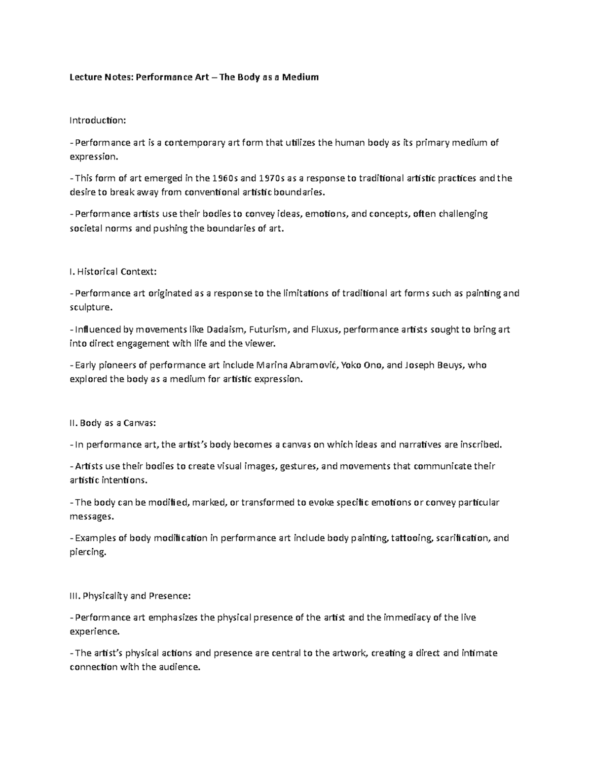 Lecture Notes: Performance Art – The Body as a Medium - This form of ...