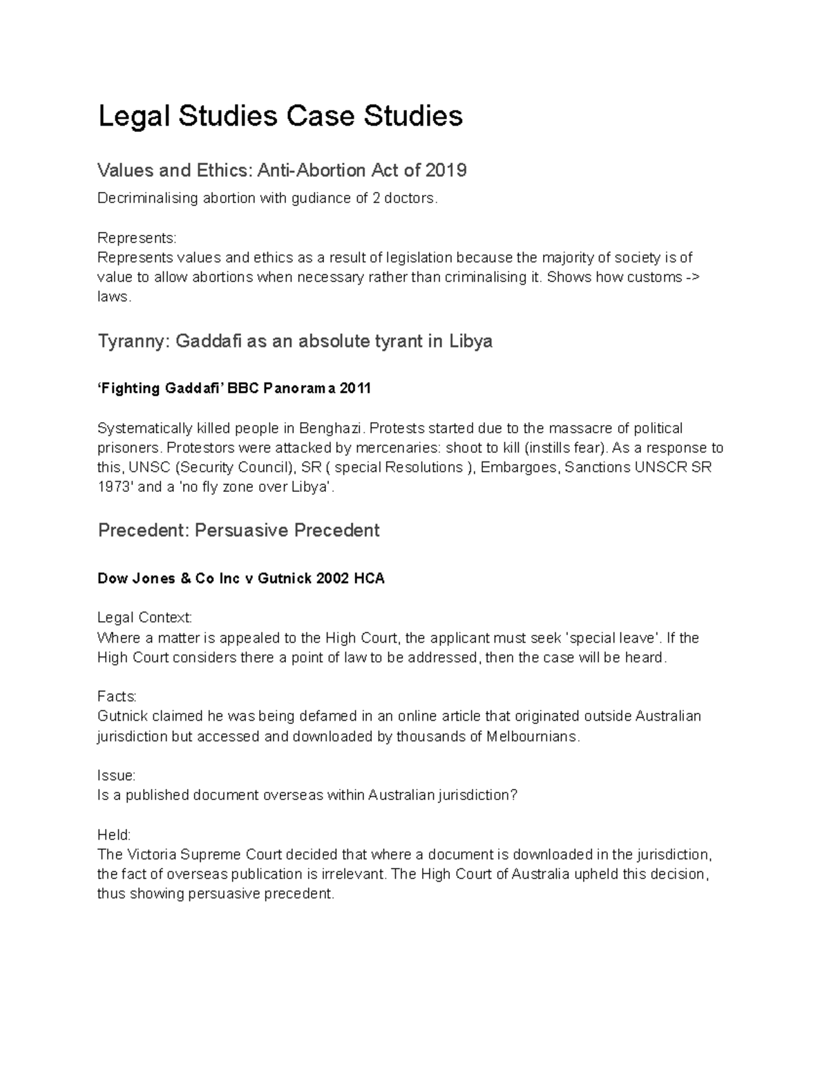 Legal Studies Case Studies for Year 11 Half Yearly - Studocu