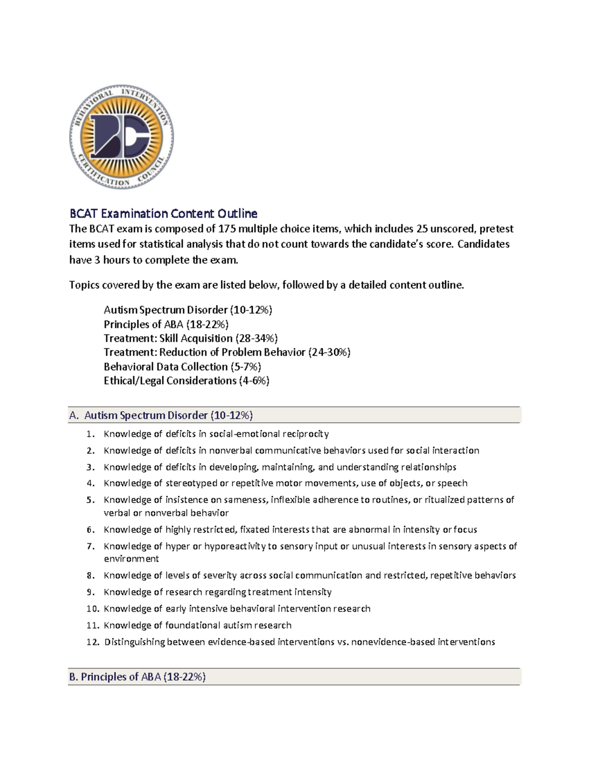 BCAT Exam Content Outline - BCAT Examination Content Outline The BCAT ...