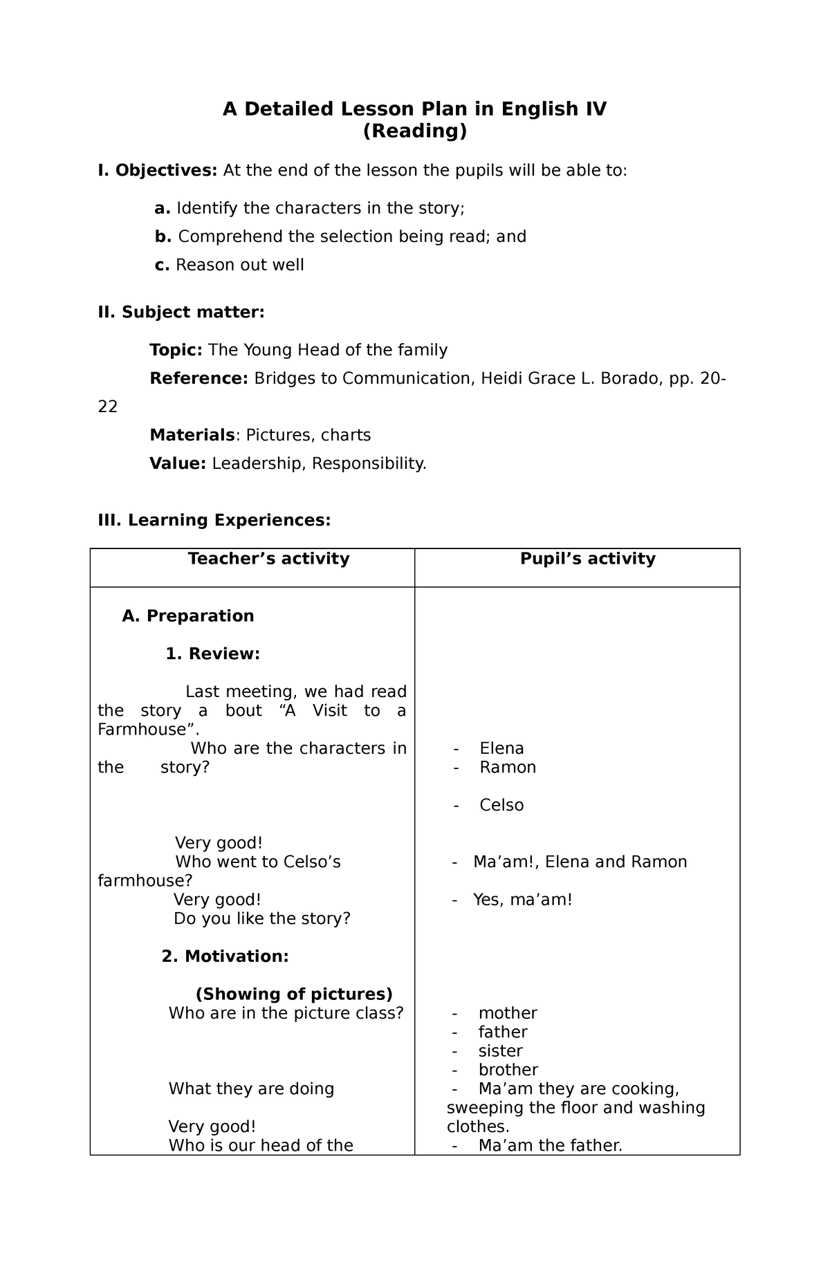 DLP English 4 - A Detailed Lesson Plan In English IV (Reading) I ...