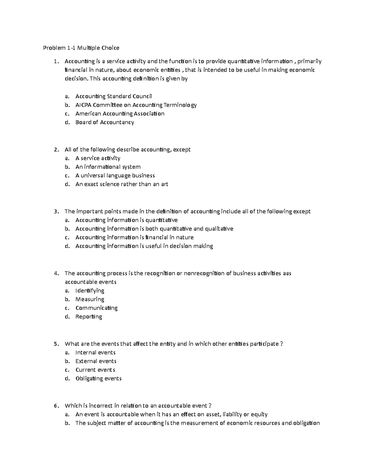 Problem 1 - CONCEPTUAL FRAMEWORK - Problem 1-1 Multiple Choice ...