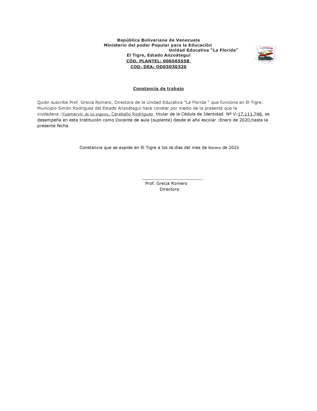 Constancia De Trabajo República Bolivariana De Venezuela Ministerio Del Poder Popular Para La 1616