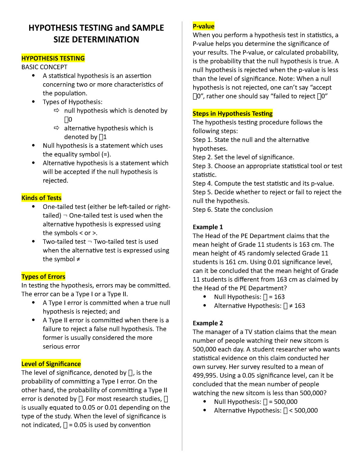 sample size determination for hypothesis testing