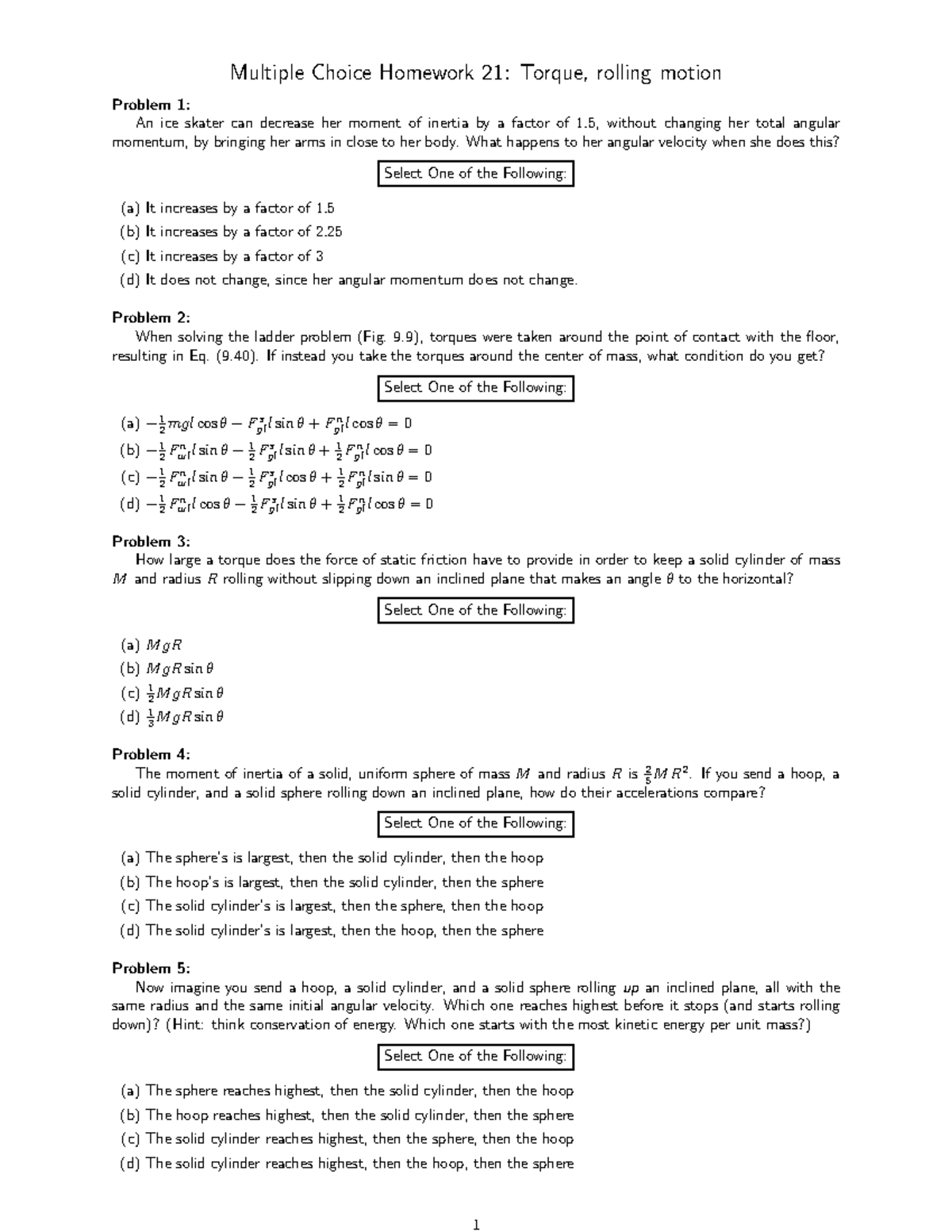 MC HW 21 - extra practice - Multiple Choice Homework 21: Torque ...