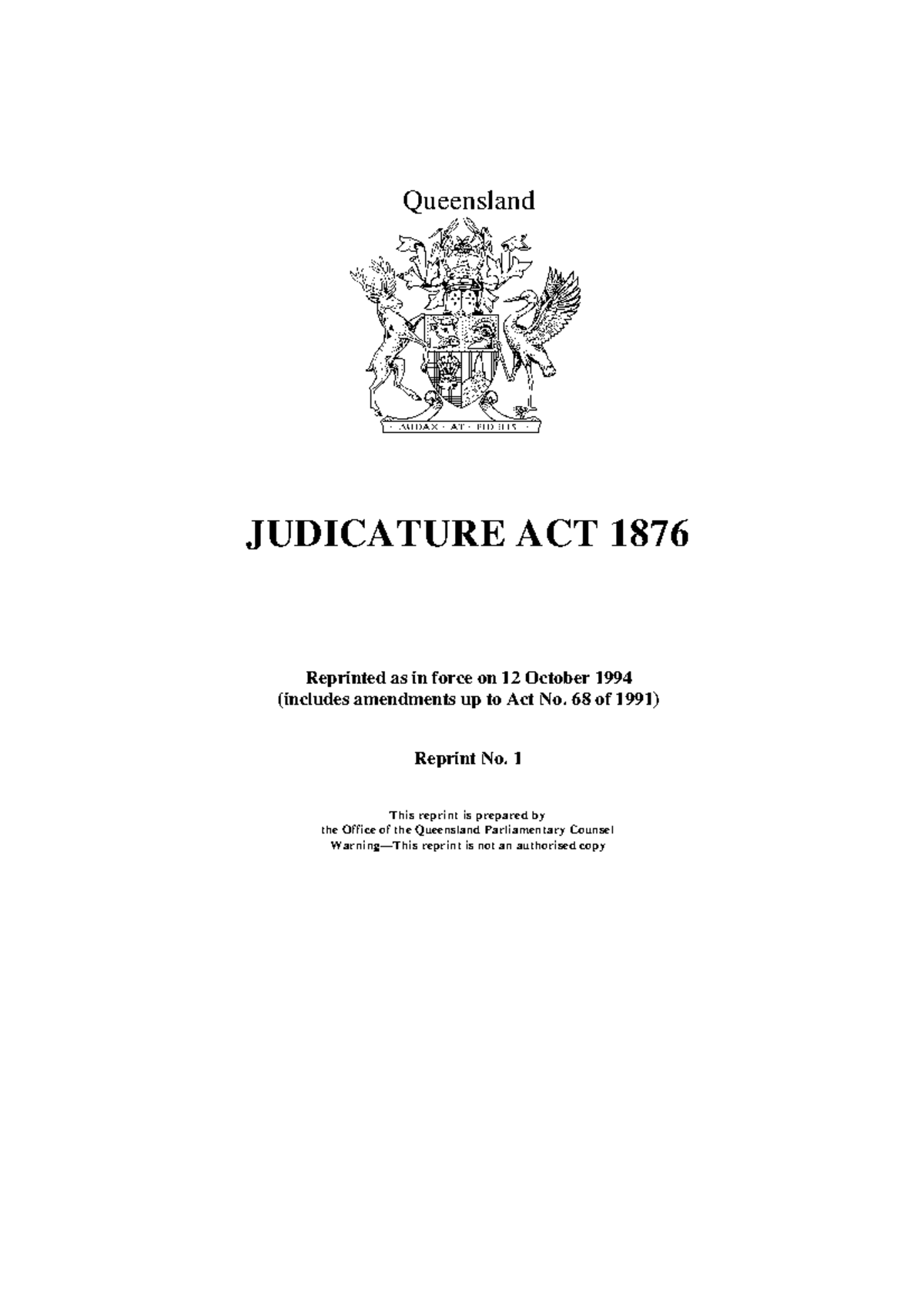 Statute Judicature Act 1876 Qld Queensland JUDICATURE ACT 1876