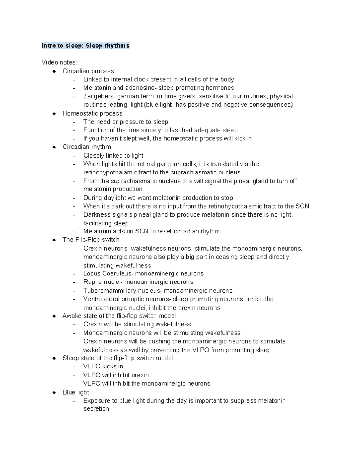 Exam 3 study sheet - Intro to sleep: Sleep rhythms Video notes ...