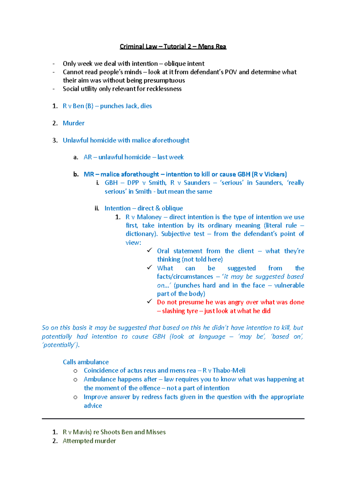 Criminal Law Tutorial 2 Mens Rea Criminal Law Tutorial 2 Mens