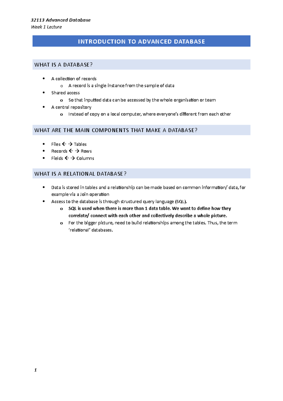 Week 1 - 32113 Advanced Database - Week 1 Lecture INTRODUCTION TO ...