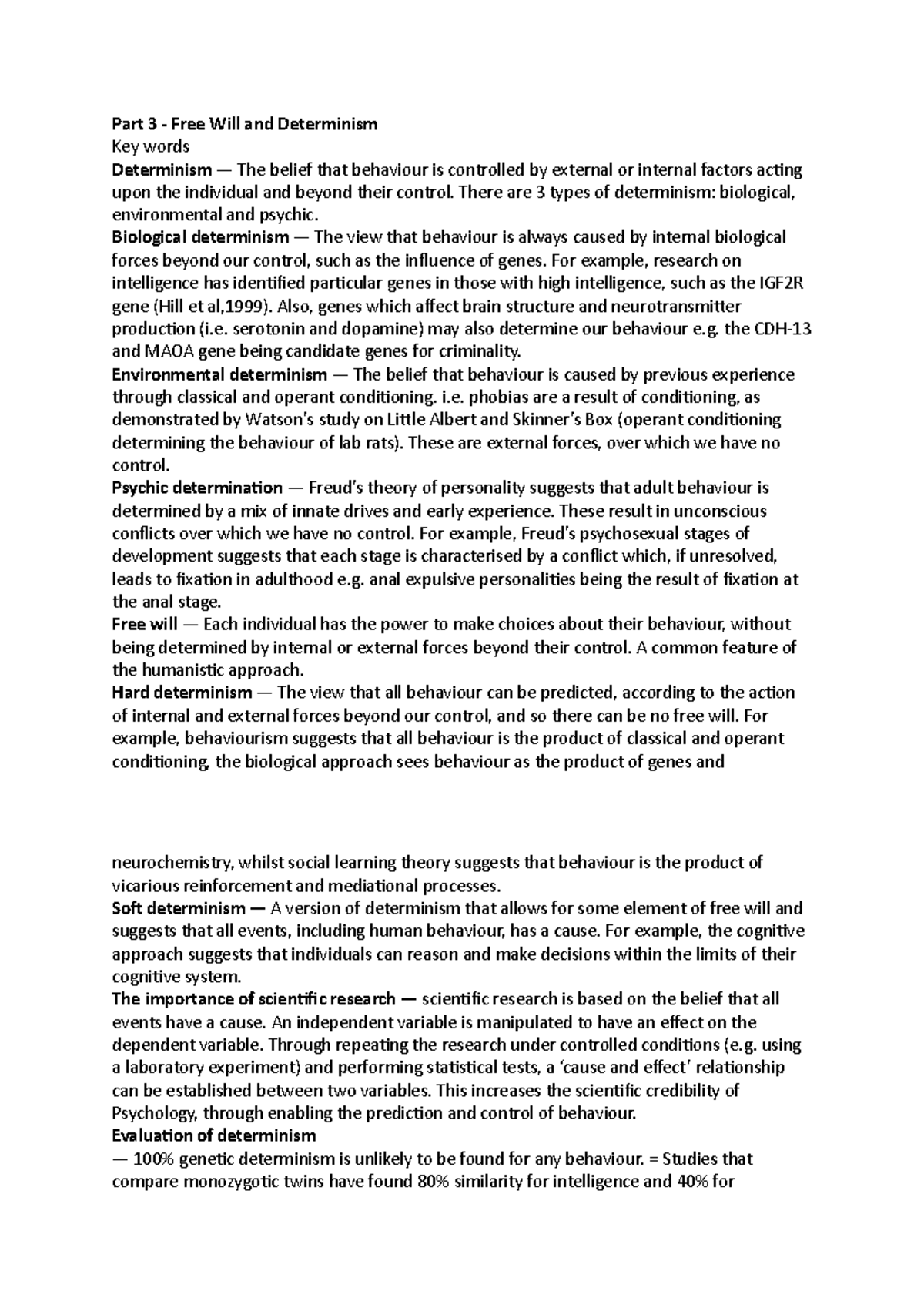 Part 3 - part 3 psychology - Part 3 - Free Will and Determinism Key ...